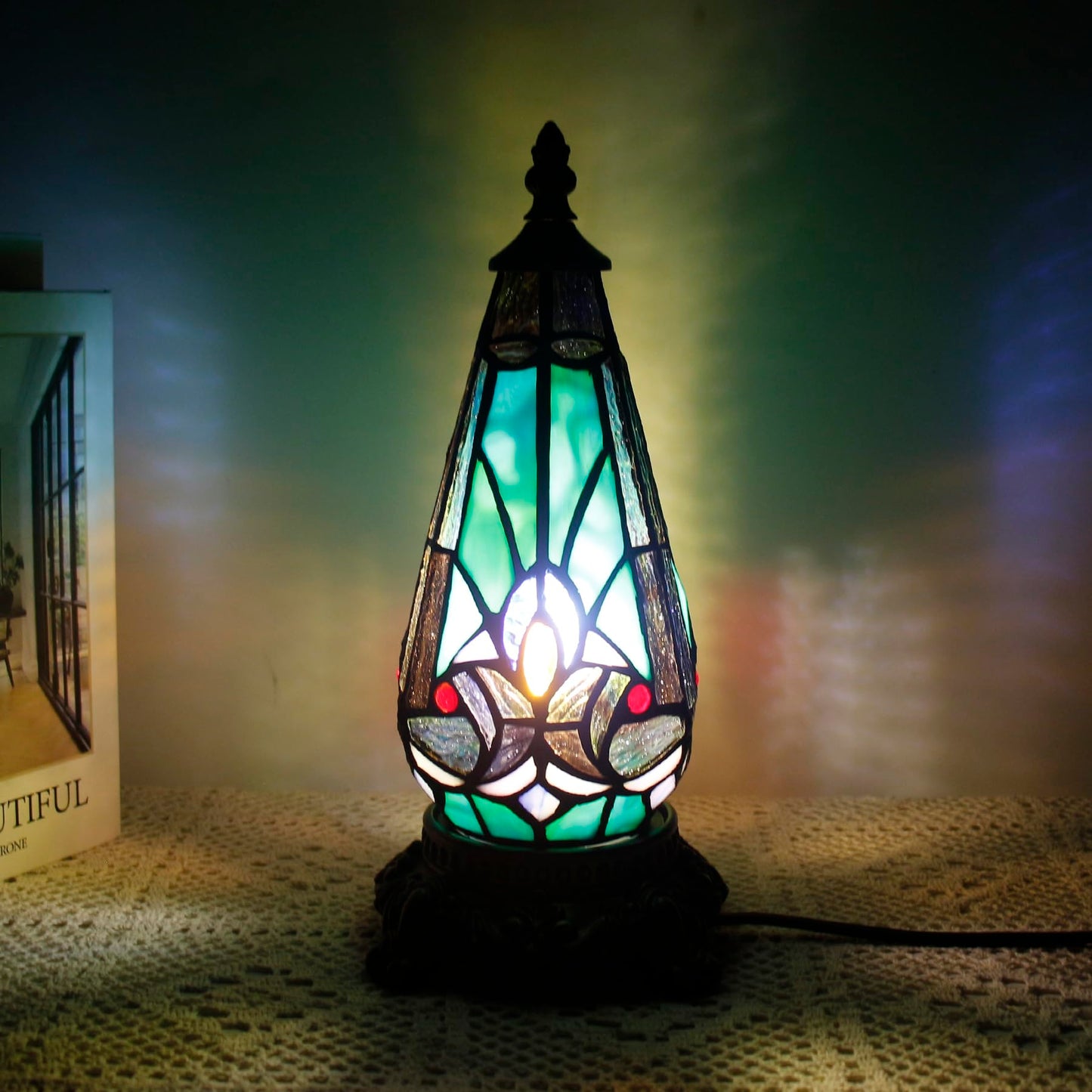 TCODTPOL Small Tiffany Lamp Stained Glass Table Lamp 5.5X11 Inch Christmas Tree Lighthouse Mini Accent Memory Sympathy Antique Night Light for Bedroom Living Room (Green Liaison)