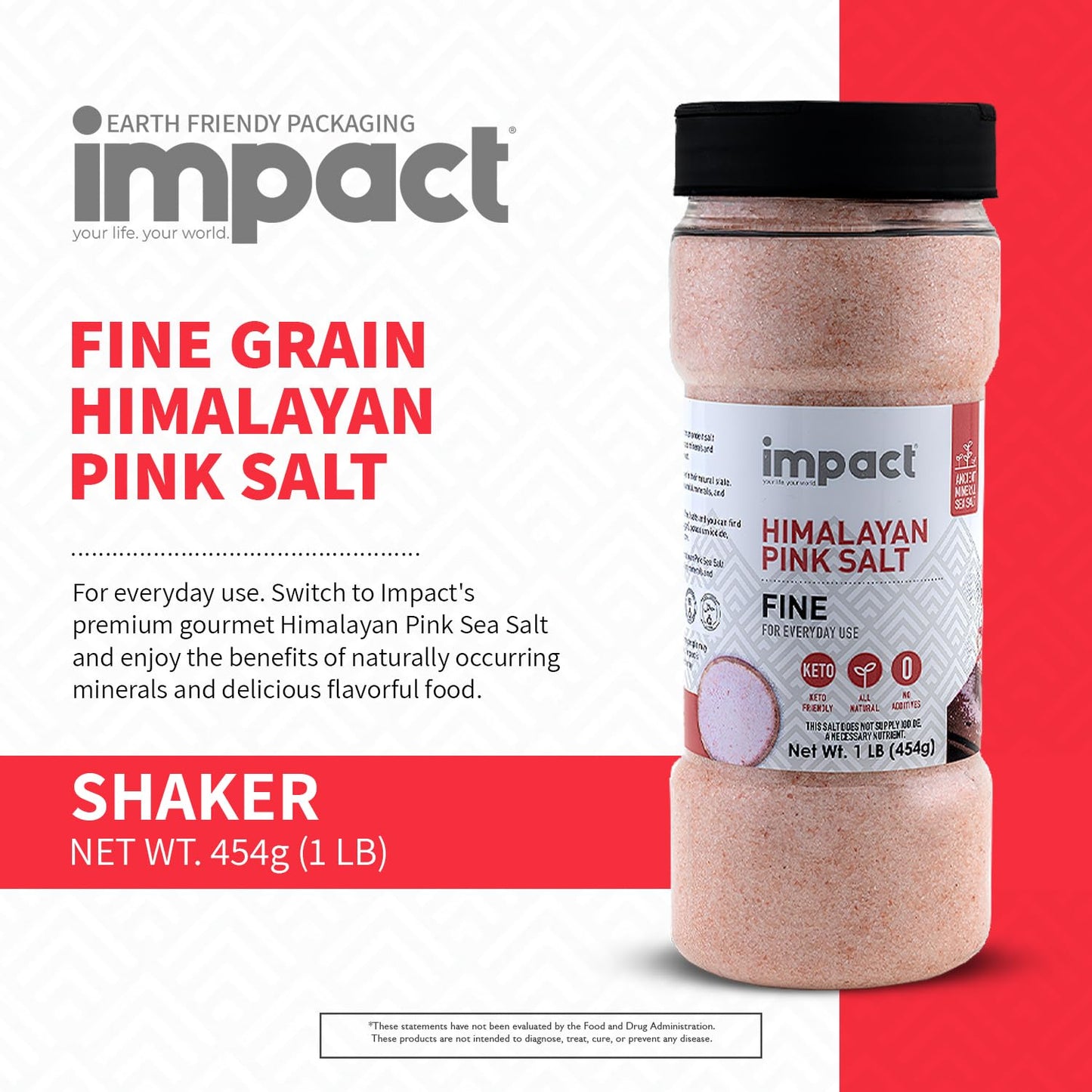 Impact - Fine Himalayan Pink Sea Salt - No Additives Rich in Trace Minerals Non-GMO Gluten-Free Ideal for Low-Carb Fasting Cooking - 1lb Shaker