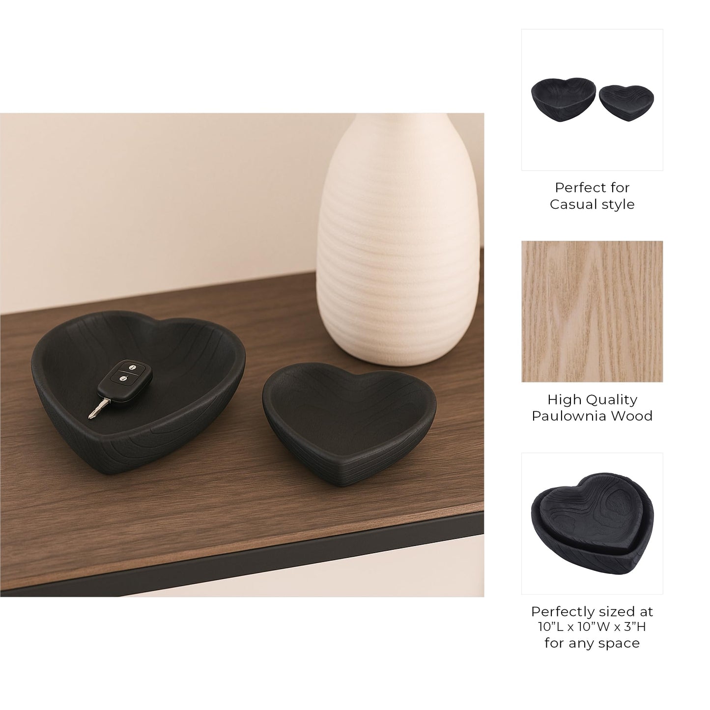 Set of 2 Wooden Decorative Bowls – Accent Bowl Set for Everyday Display, Coffee Table or Entryway Styling – Heart Shape Design for Soft, Sculptural Impact, Home Decor – 10" & 8", Black
