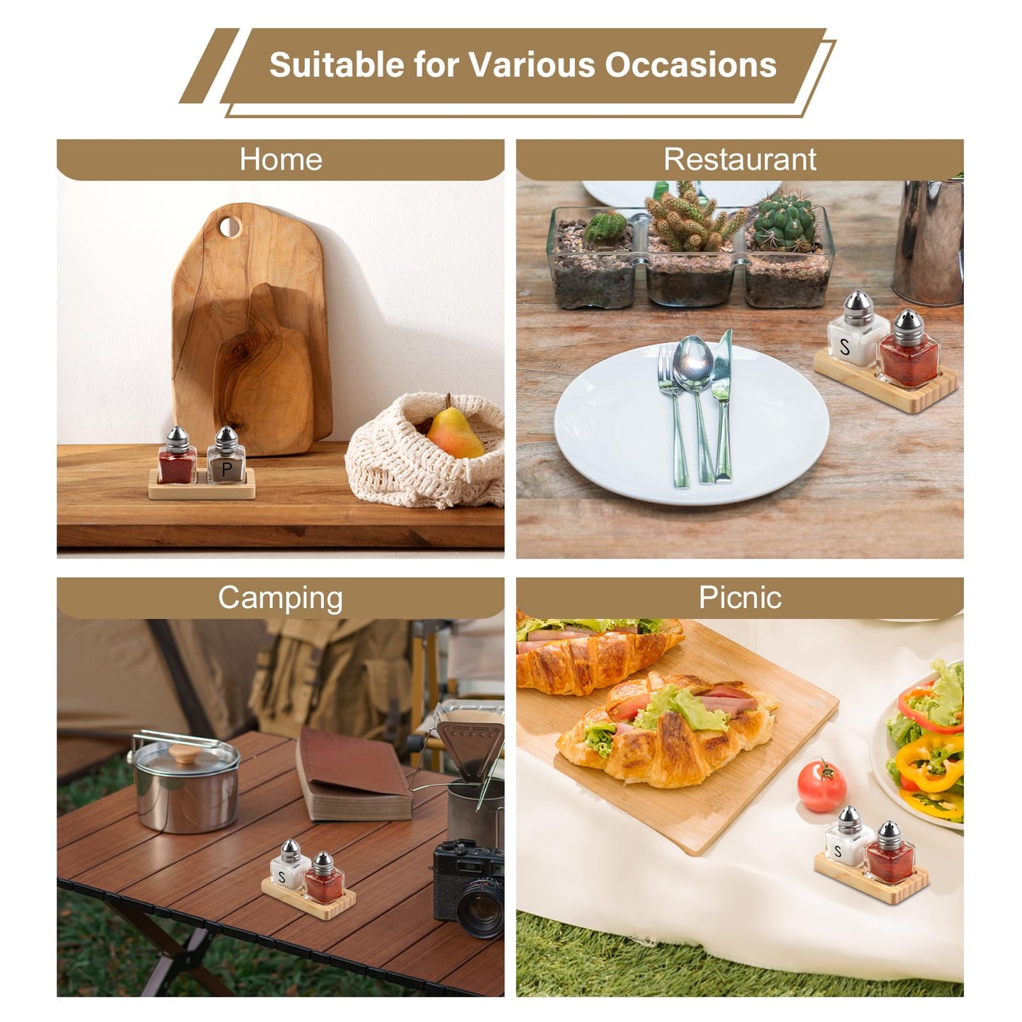 8 Pcs Mini Salt and Pepper Shakers Set with 4 Wood Organizer Sticker 0.5 oz Small Glass Salt and Pepper Shakers Bulk Tiny Individual Salt and Pepper Shakers for Saleros y Pimenteros Para Restaurante