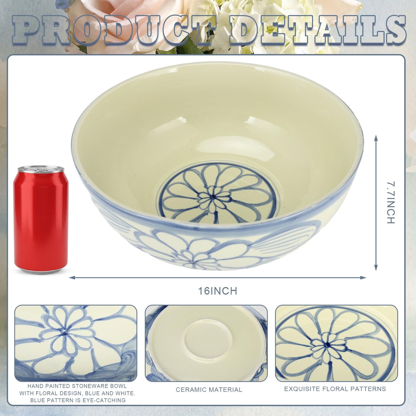 LemonRoad Large Blue and White Bowl Hand Painted Stoneware Decorative Bowls 16" x 7.7'' Floral Chinoiserie Ceramic Planter XL Pottery Porcelain Rice Bowl for Cereal Fruit Serving Kitchen Centerpiece