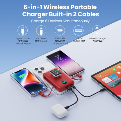 Magnetic Portable Charger 10800mAh for iPhone with Built-in Cables, 6-in-1 Wireless Power Bank with iWatch Charger, LCD Display 25W PD Fast Charging Battery Pack for iPhone 16/15/14/13/12, Apple Watch