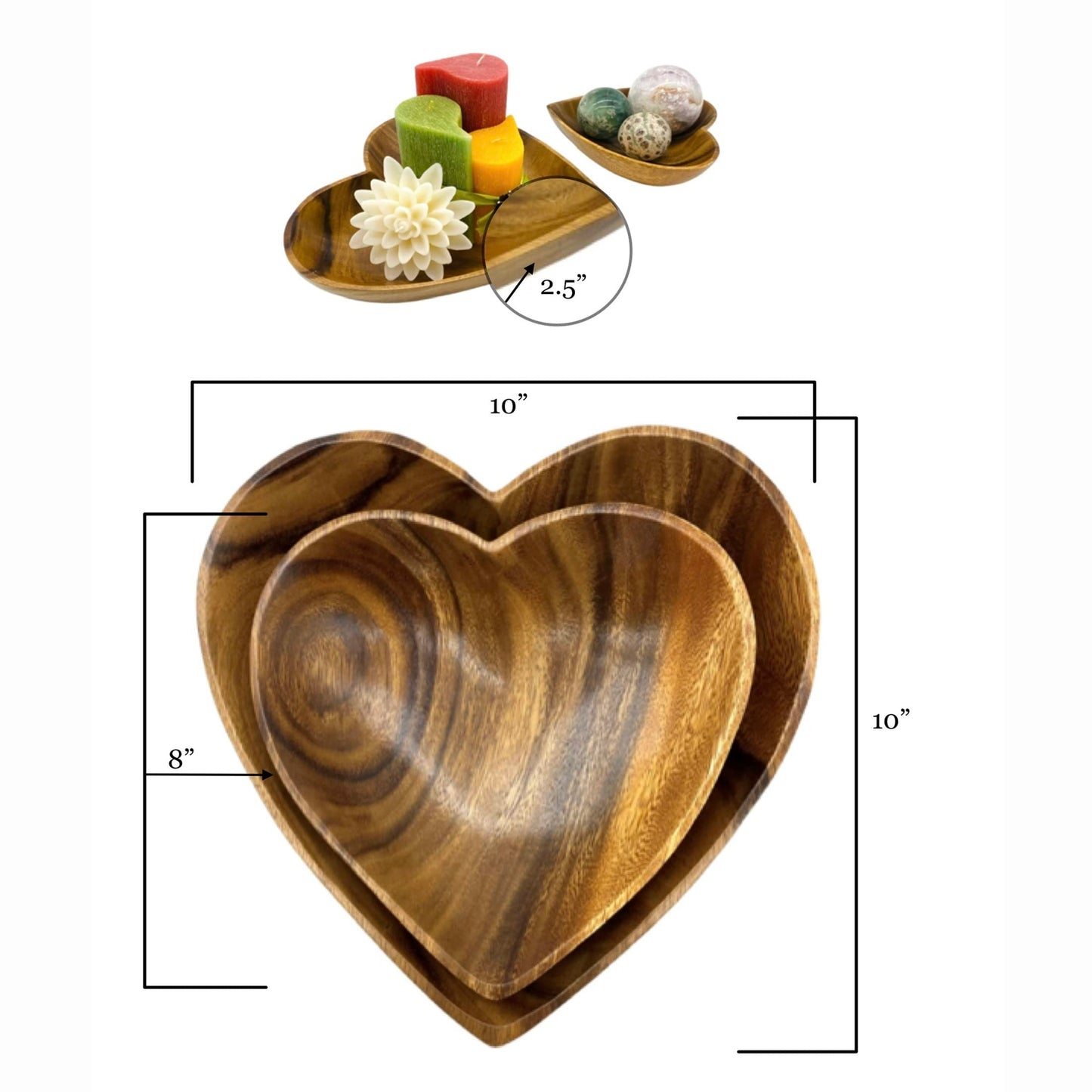 WRIGHTMART Handcrafted Acacia Wood Heart Bowl Set of 2 – Decorative Serving Bowls for Salad, Snacks, Jewelry, Candle Display – 10" & 8" Sizes