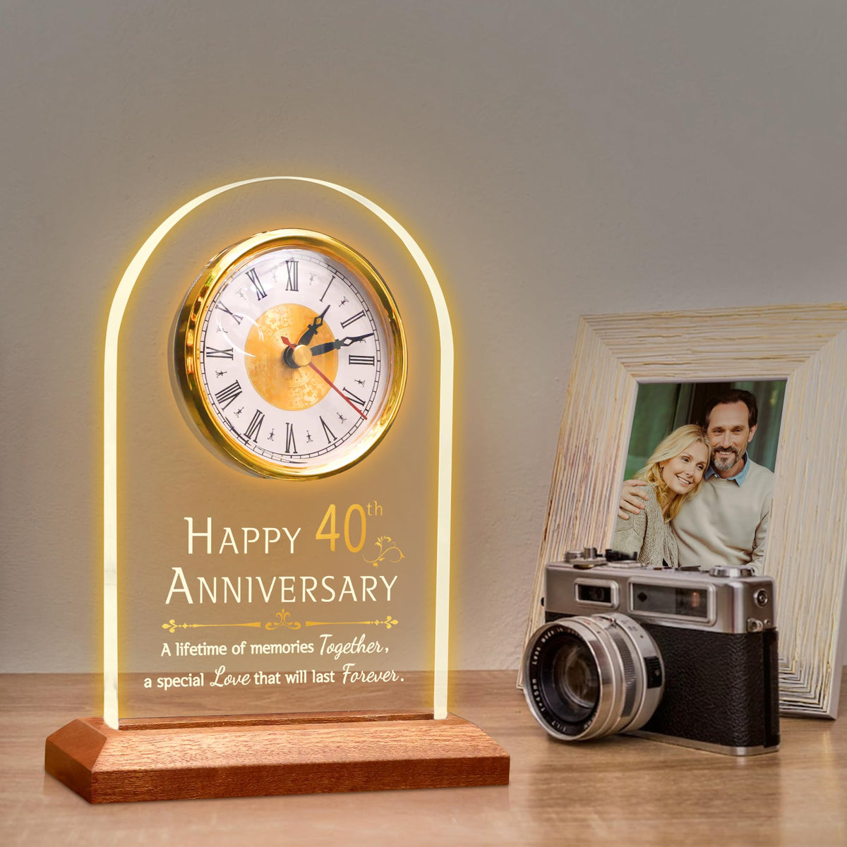 OkiyiD 40th Wedding, Light Up Anniversary Clock with LED Wooden Base for Couples Parents Bedroom Decor, Happy 40th for Husband Wife