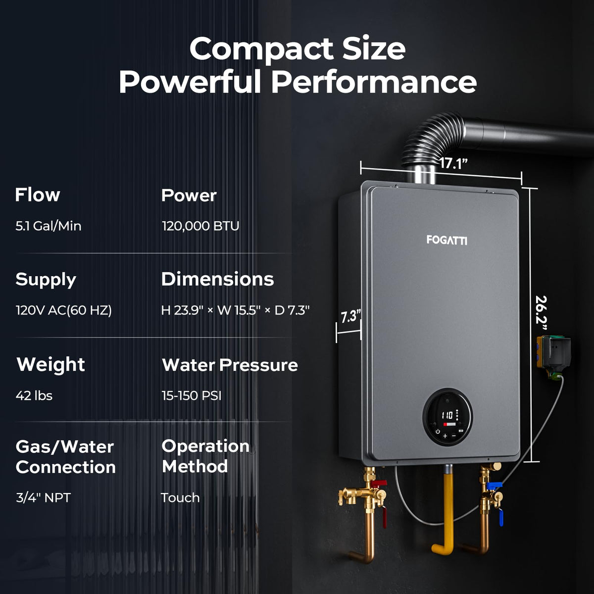 FOGATTI Propane Gas Tankless Water Heater Indoor - Max 5.1 GPM 120,000 BTU, CSA Certified Compact Design On Demand Instant Hot Water Heater - Instagas Comfort 120S Series