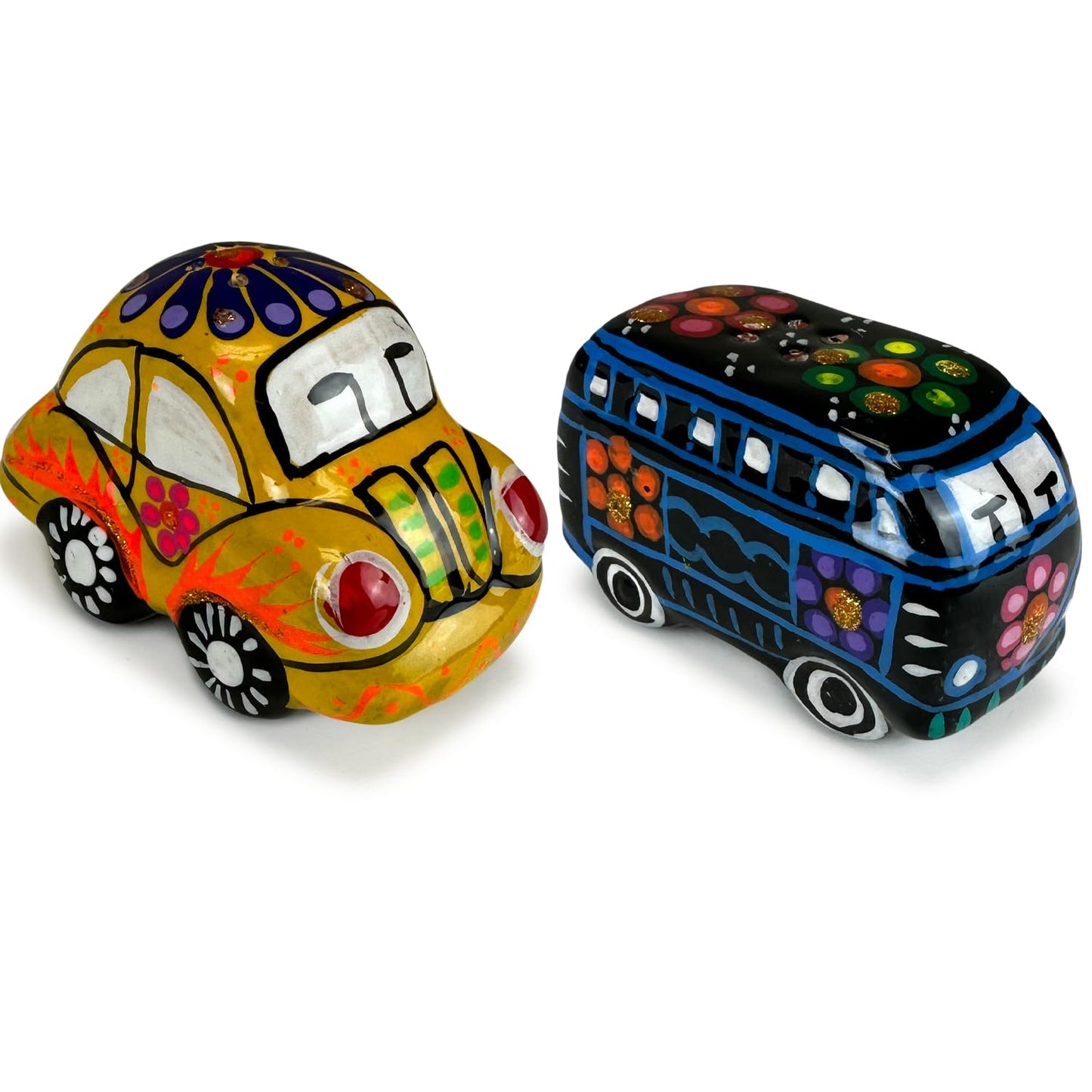FFX Artesania Mexican Salt Shaker - Retro 60's Hippie Artisan Car and Mini Bus Design - Carrito y Autobus - Handcrafted Saleros de Ceramica Carro y Camion Set - Vibrant Colors Hand Made