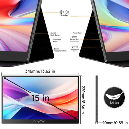 AYY Portable Monitor for Laptop 15 Inch, FHD 1080P USB-C HDMI Travel Monitor External for Computer, Second Display HDR IPS Gaming Monitor Extender for PC MAC Phone PS4/5 Xbox Switch, Built-in Speakers