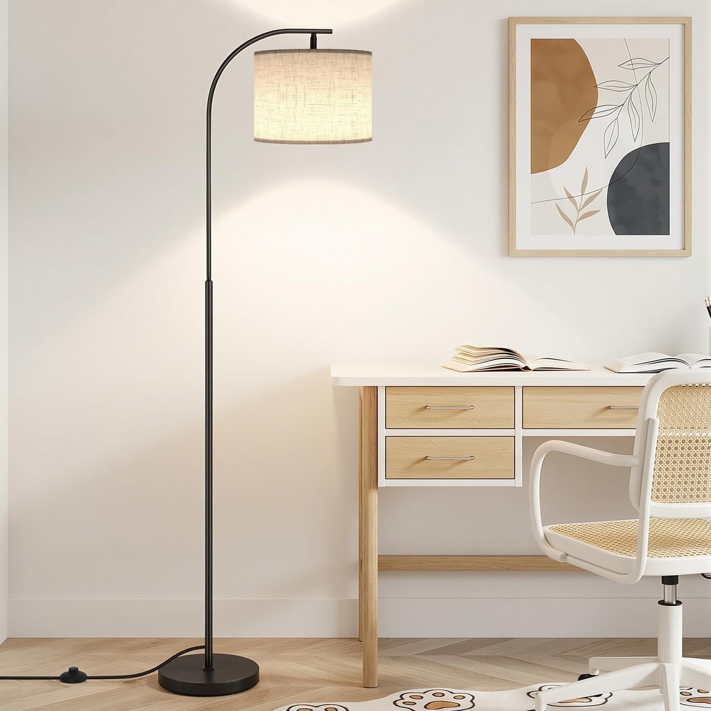 SIBRILLE Floor Lamp with Linen Shade, Arc Dimmable Tall Standing Lamp with Remote Control, Modern Floor Reading Light for Living Room Bedroom Office Corner, 9W LED Bulb Included