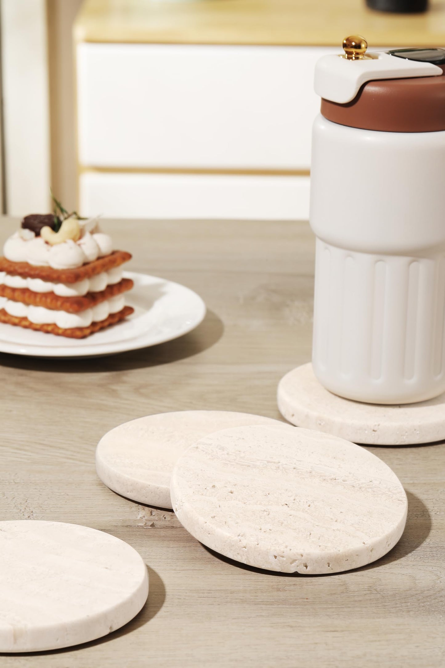 White Travertine Coasters - Set of 4 Round 4” Diameter Drink Marble Coasters for Housewarming Gift, Anniversary, Office - Protect Countertops from Stains - Sturdy and Durable Aesthetics