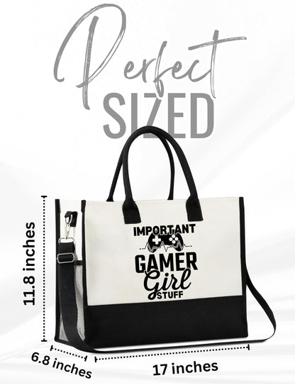 InnoBeta Gamer Gifts for Women & Gamer Girls, Canvas Tote Bag on Christmas or Birthday, Tote with Top Zipper Closure and Shoulder Strap