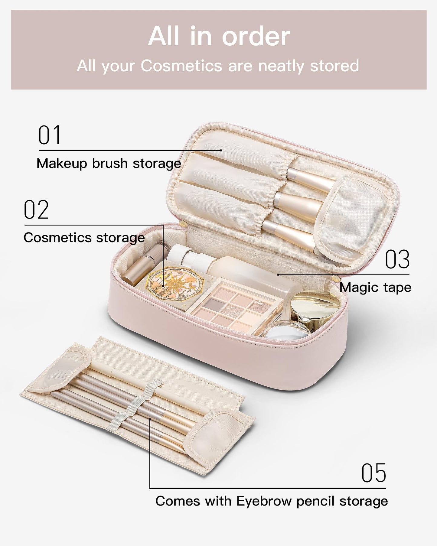 Vlando Makeup Travel Bag,Small Makeup Bag for Women,Gifts for Women Girls, Makeup Pouch Purse Travel Essentials Toiletries-Apricot Pink