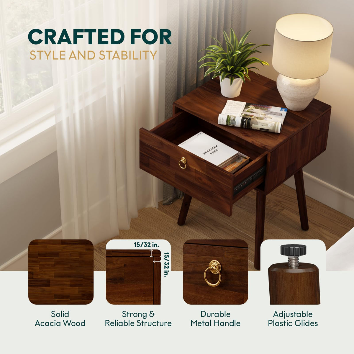 Bme Alden Solid Wood Nightstand/Side Table/End Table, Fully Assembled, with 1-Drawer for Mid Century Bedroom and Living Room, (12mm), Dark Chocolate