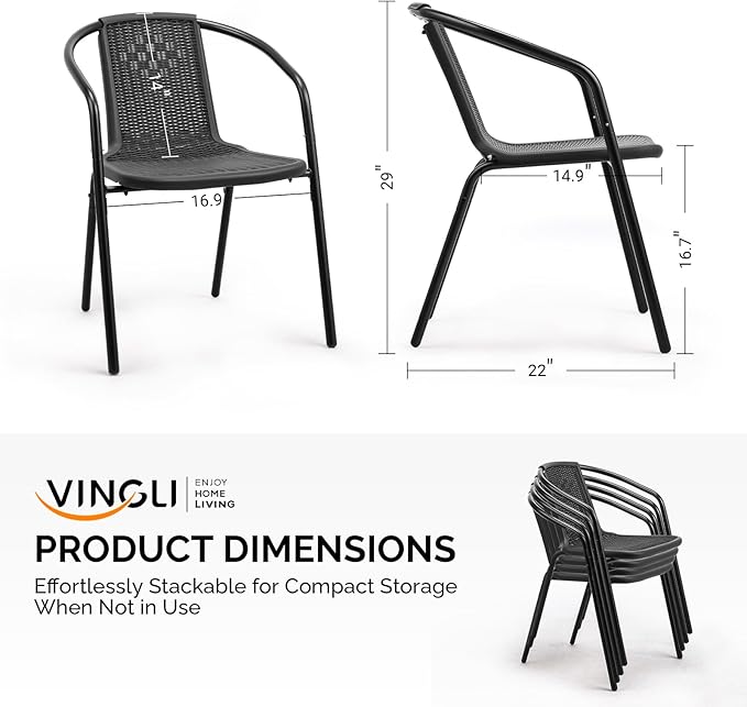 VINGLI PE Rattan Outdoor Dining Chairs Set of 4, Plastic Stackable Patio Chairs for Indoor, Porch, Restaurant, Garden, Black