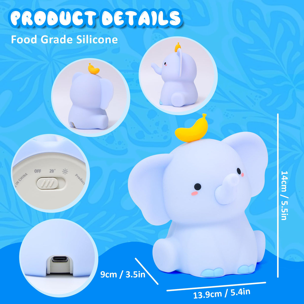 Ammonite Blue Elephant Night Light, Soft Silicone Elephant Nursery Lamp with 2 Dimming Levels and 20-Minute Timer, Touch Control Nightlight for Bedroom Decor, Christmas Birthday Gift