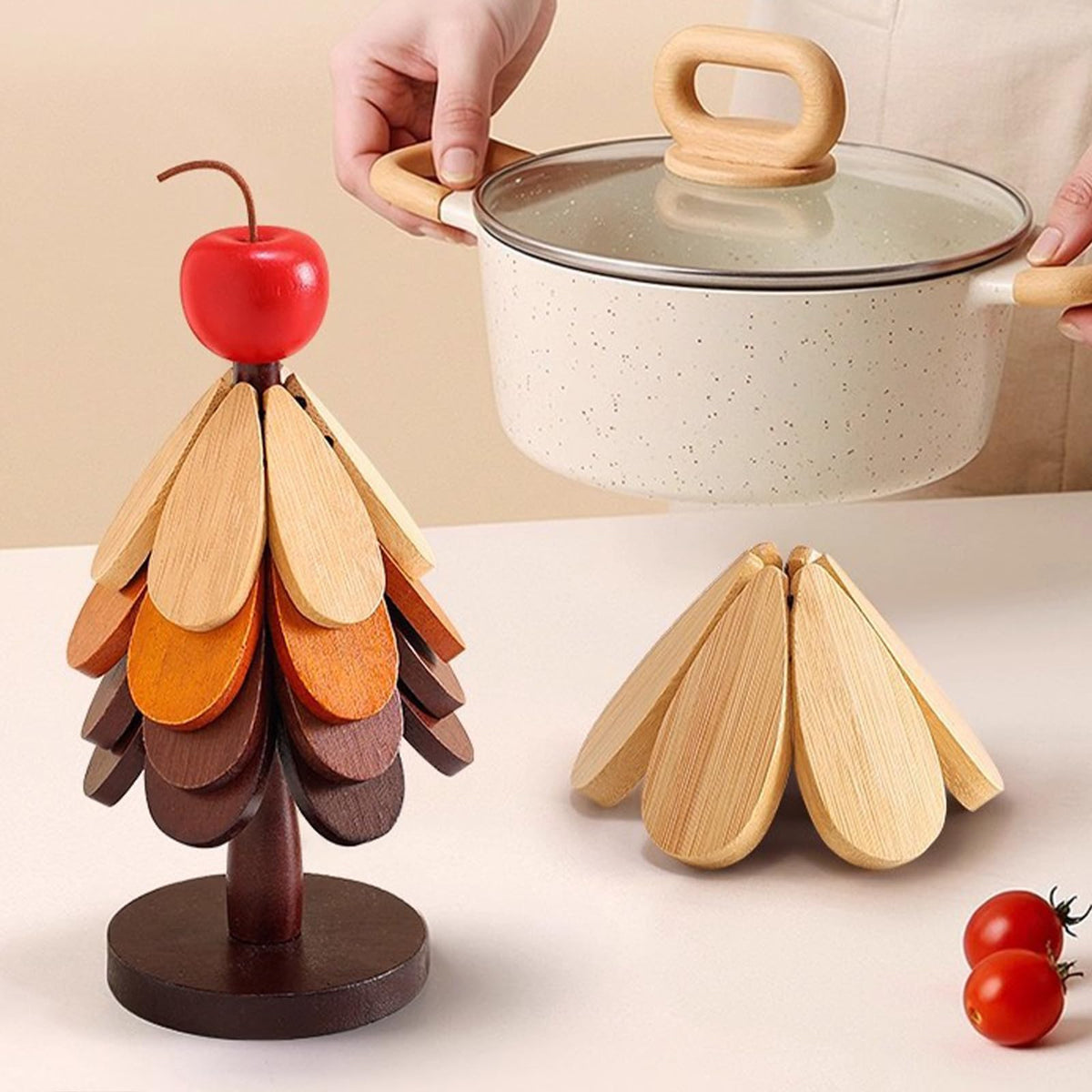 3 Pcs Wooden Trivets for Hot Dishes with Storage Stored, 5.7" Foldable Christmas Tree Shaped Trivets Set, Heat Resistant Hot Pads for Hot Pots Bowl Teapot, Kitchen Decor for Quartz Counter (Apple)