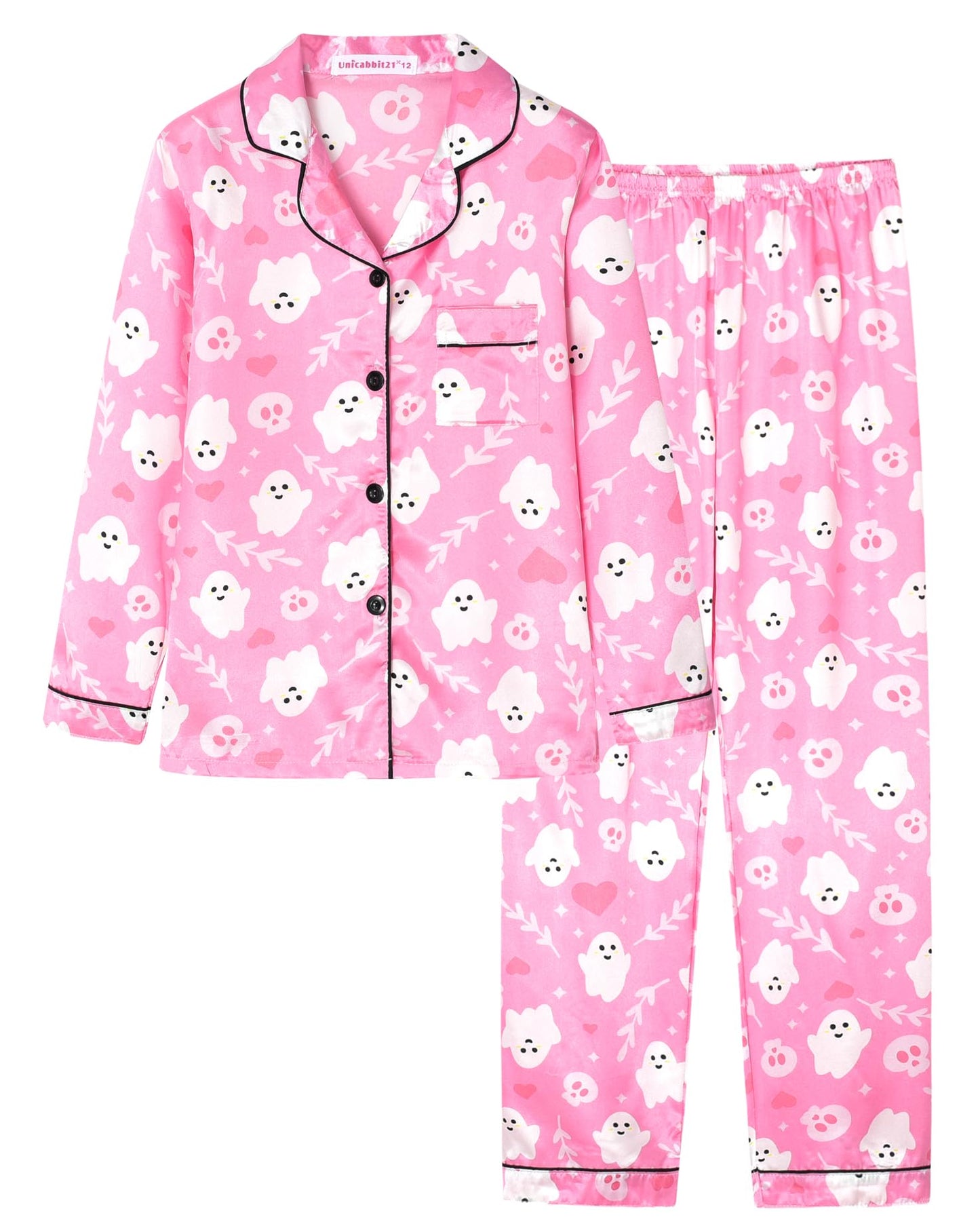 UNICABBIT21 Pink Ghosts Halloween Satin Pajamas for Big Girls Unisex Kids Silk Button Down Long Sleeve & Pants PJS 2PCS Size 10