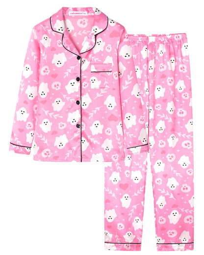 UNICABBIT21 Pink Ghosts Halloween Satin Pajamas for Big Girls Unisex Kids Silk Button Down Long Sleeve & Pants PJS 2PCS Size 10