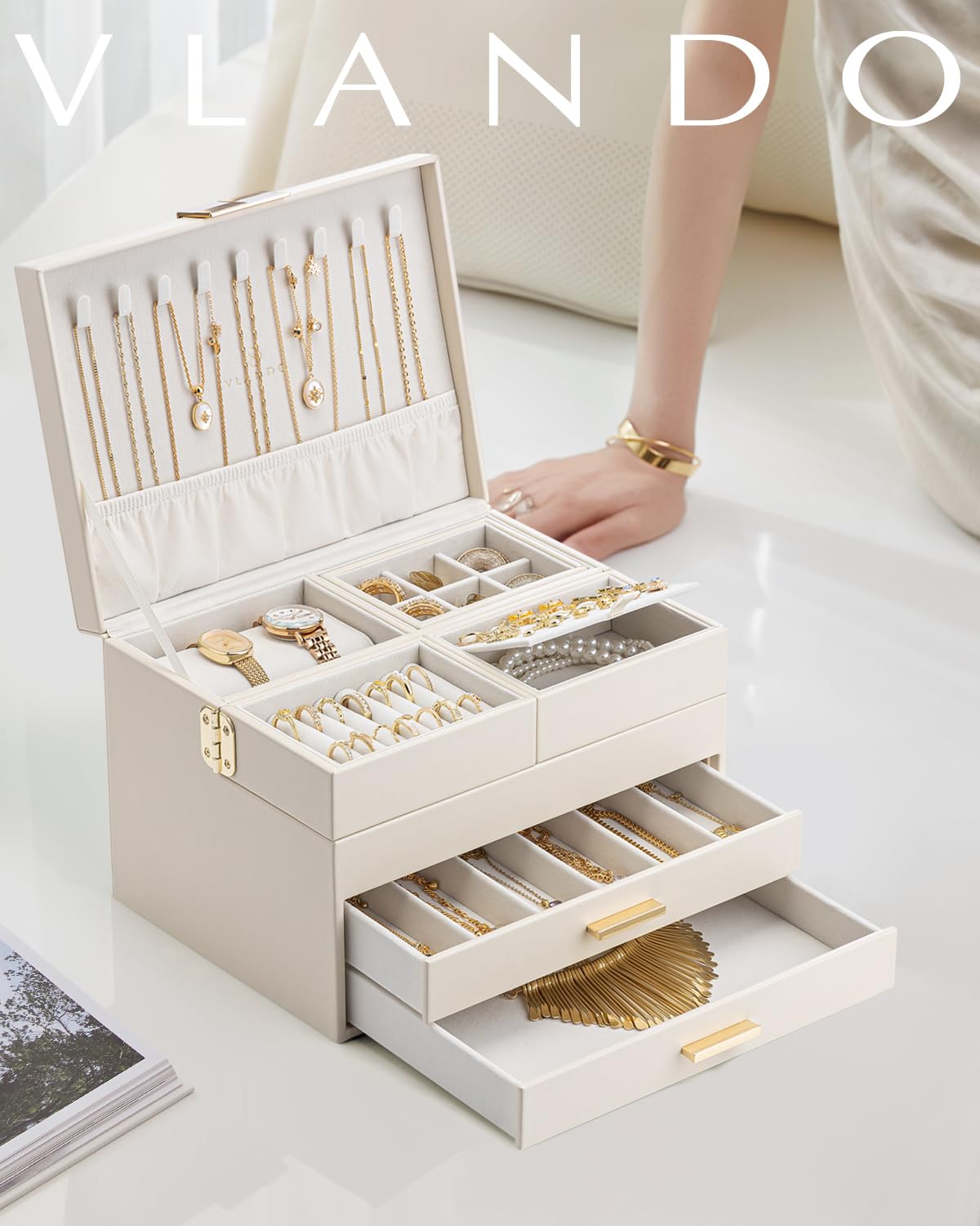 Vlando 4 Layers Jewelry Box - Women Jewelry Box with Retractable Tray - Jewelry Organizer with Drawer for Necklaces, Rings, Bracelets, Earrings, Valentines Gift for Mom Girls - Cloud White