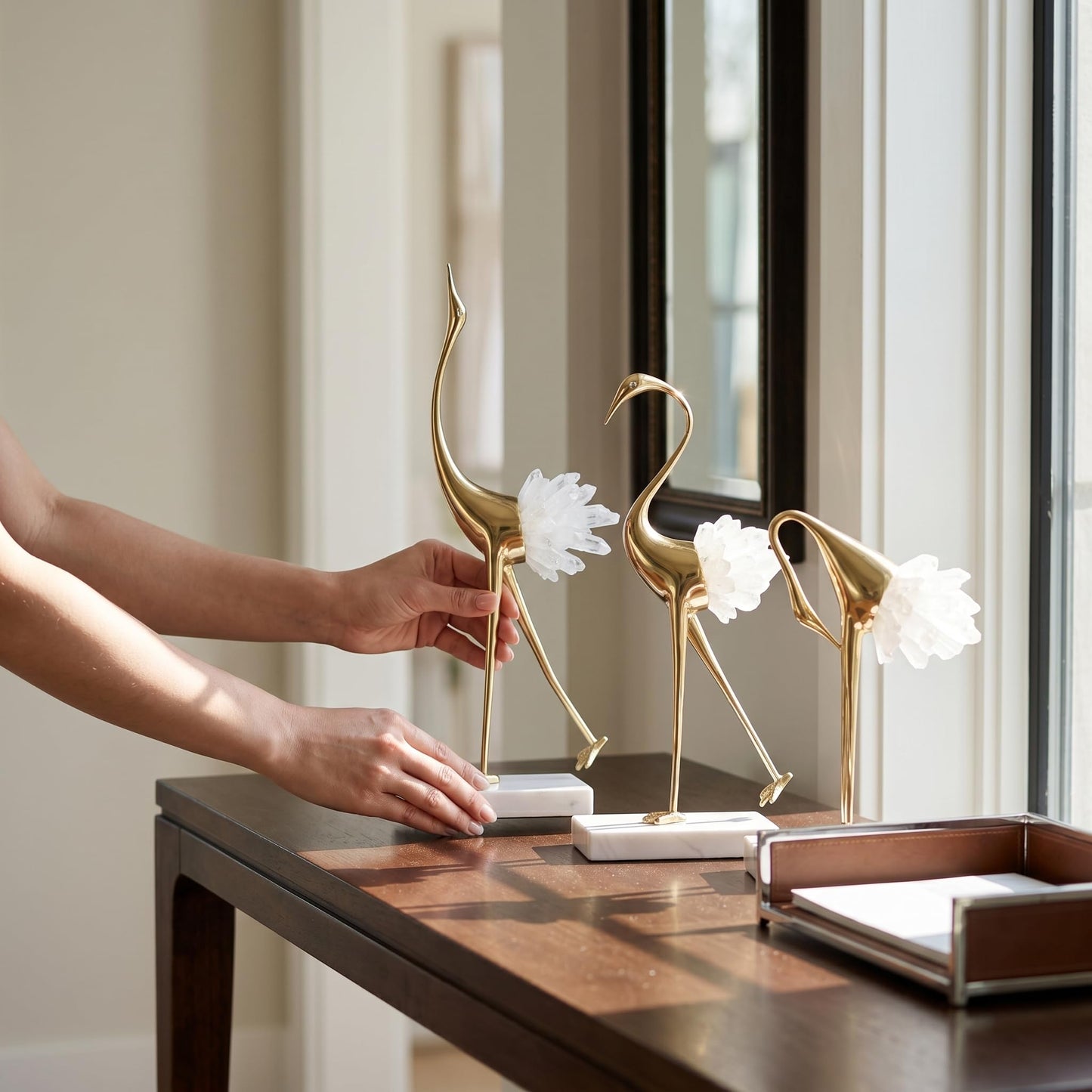 suruim Elegant Gold Crane Bird Statues with Crystal Tail Accents, Decorative Brass Figurines for Home Decor (White B)