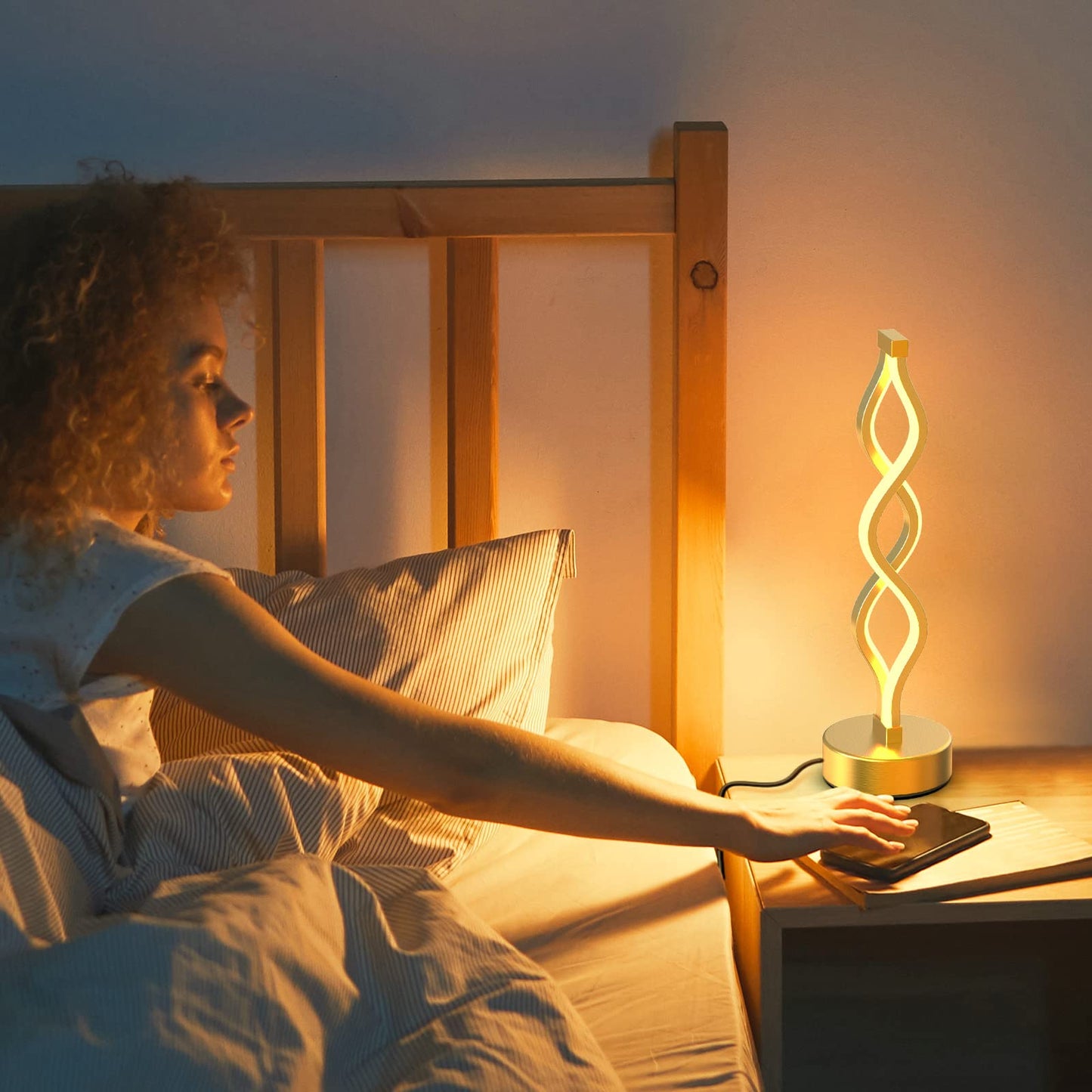 NUÜR Gold Infinity Spiral LED Table Lamp, Lamps for Bedrooms Dimmable Metallic Bedside Lamp with Touch Controller, 3 Colour Temperature, 15.8 Inch Height for Living Room