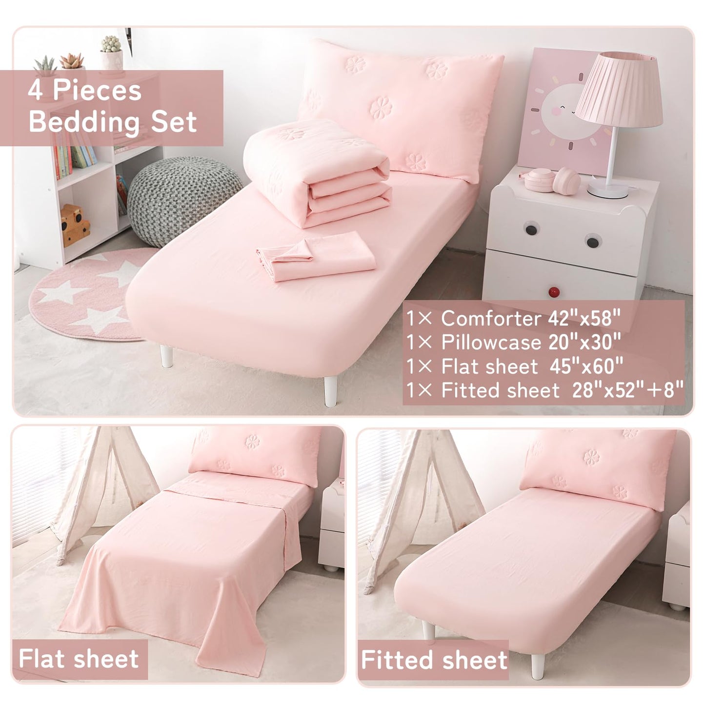 DreLunis Pink Toddler Bedding Sets for Girls, 4 Pieces Soft Microfiber Floral Embroidery Toddler Bed-in-a-Bag Includes Soft Comforter, Flat Sheet, Fitted Sheet, Envelope Pillowcase