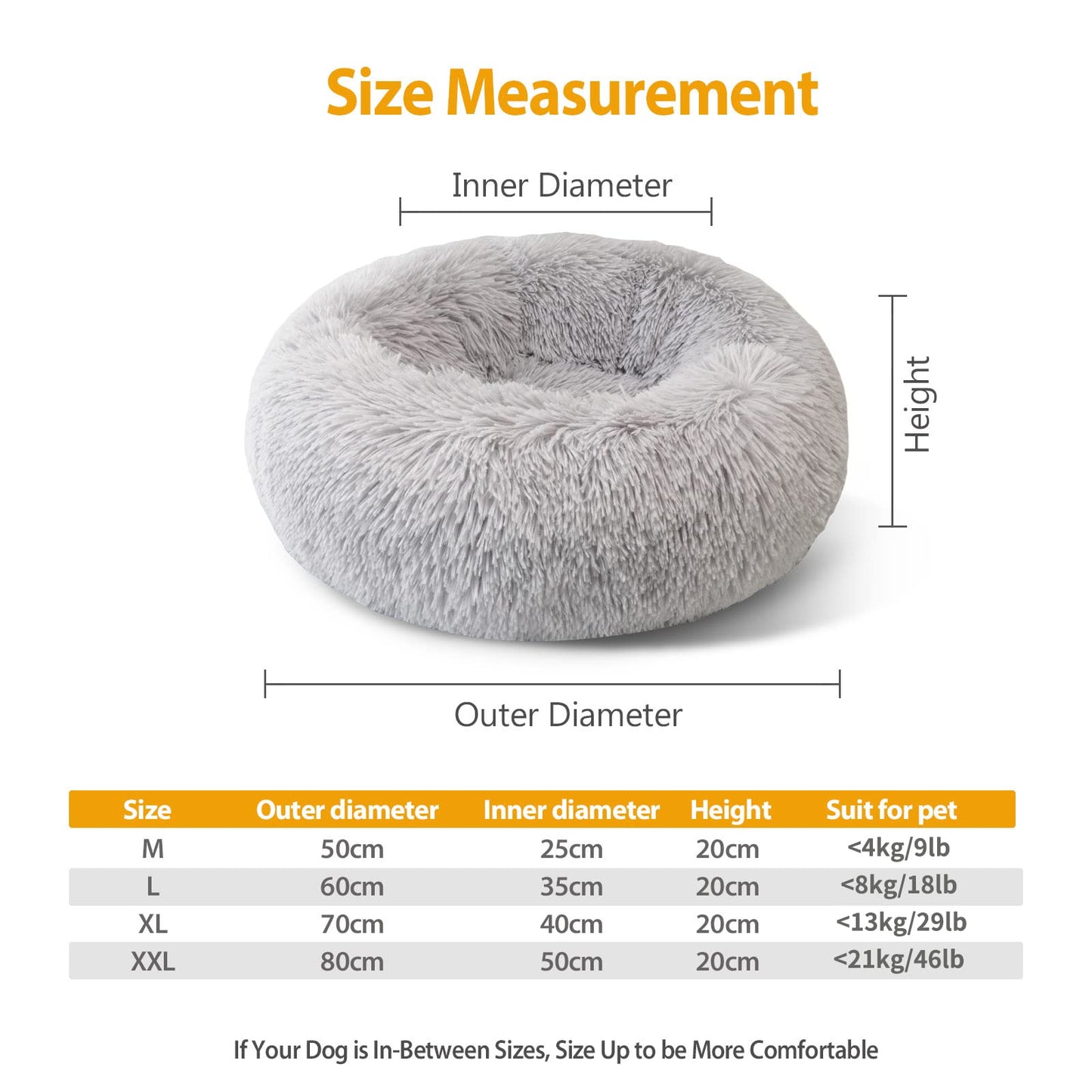 Enjamoy Plush Donut Dog Bed, Calming Round Dog Cat Bed Soft and Fluffy Cuddler Pet Cushion Self-Warming Puppy Beds Machine Washable, Grey 50cm
