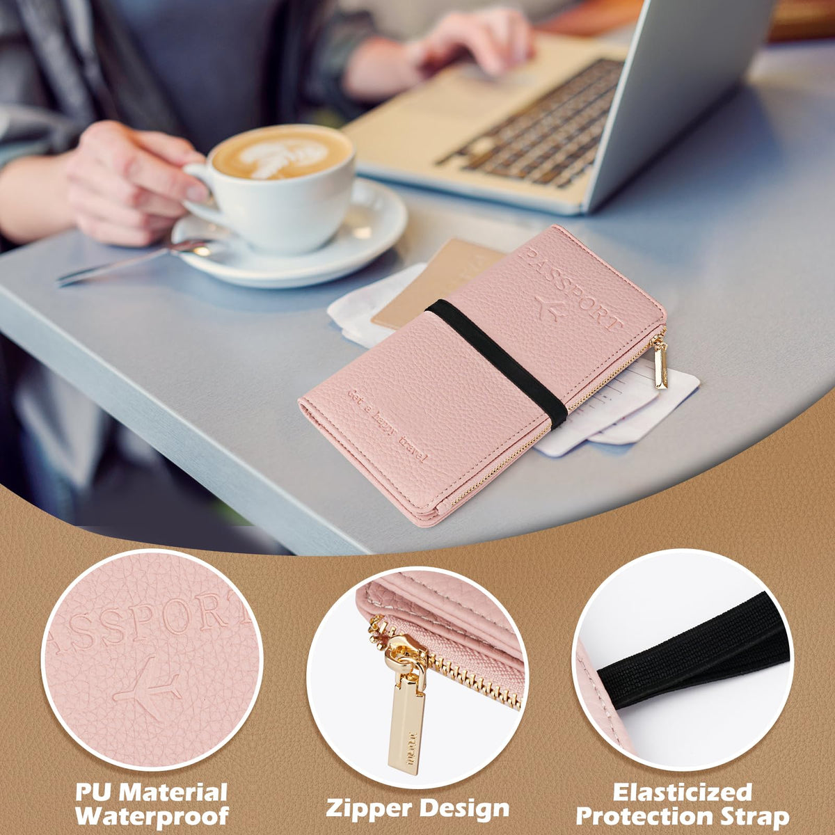 Dannir Travel Passport Wallet, RFID Blocking Passport Holder with Zipper, Passport Cover for Women Men, PU Leather Travel Document Organizer with Card Slots, Gift for Family Friends, Pink