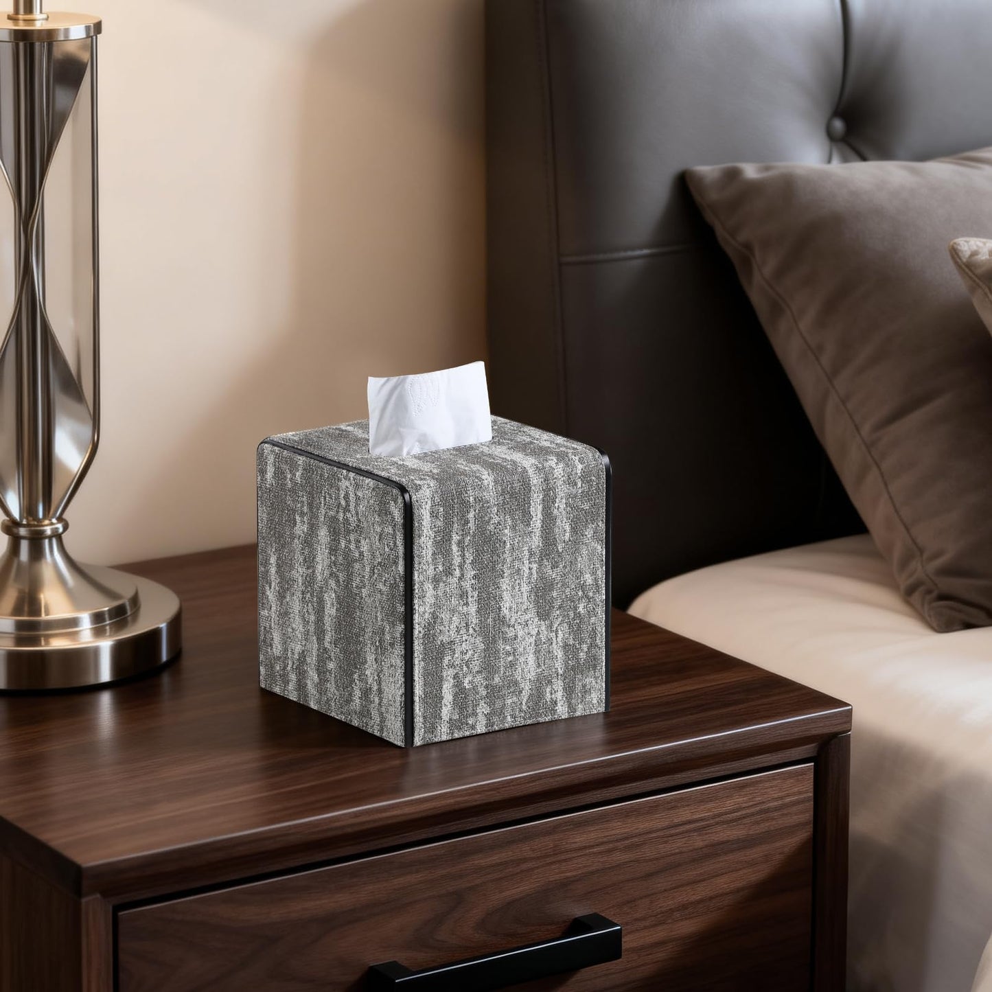 NICLNGSH Tissue Box Holder Square, Marble Pattern ‌PU Leather Cube Tissue Box Cover with Magnetic Closure for Toilet Tank Bedroom Living Room (Light Taupe)