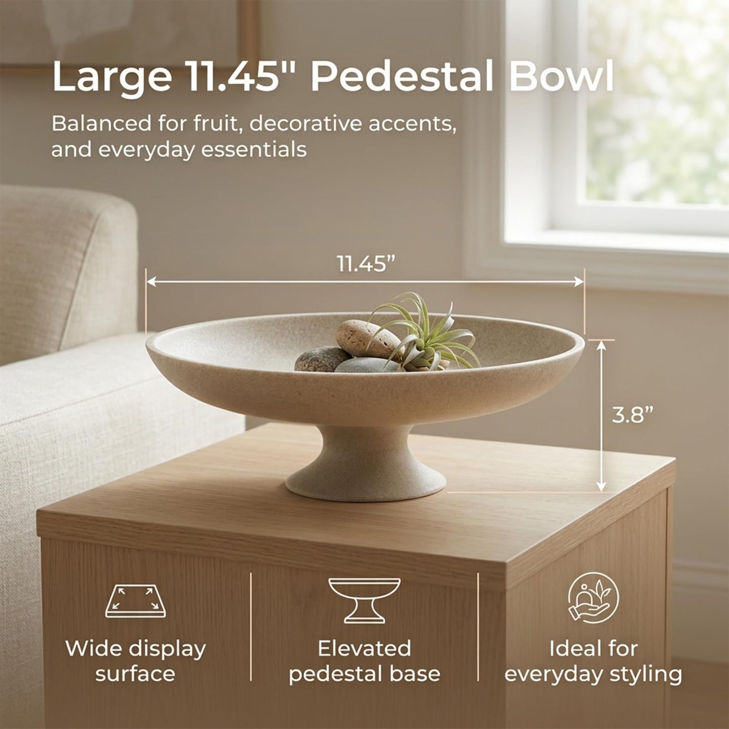 HFWDGTAO Beige Decorative Fruit Bowl, 11.45" Large Modern Pedestal Bowl for Kitchen Counter, Coffee Table, Entryway Table, Centerpiece Catch All Key Bowl