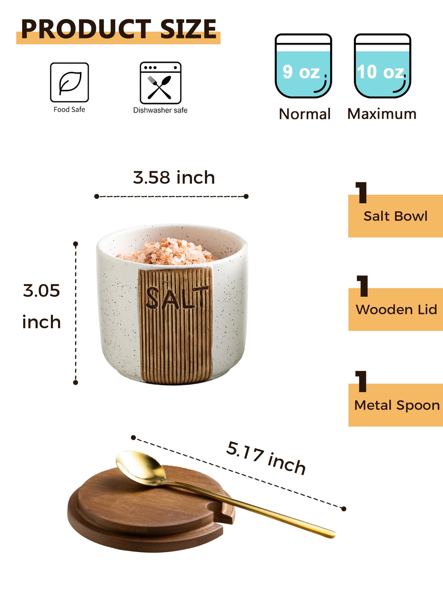 YHOJOY Salt Container for Countertop, Ceramic Salt Cellar with Lid and Spoons, 10 OZ Salt Bowl Holder for Mother's Day, White