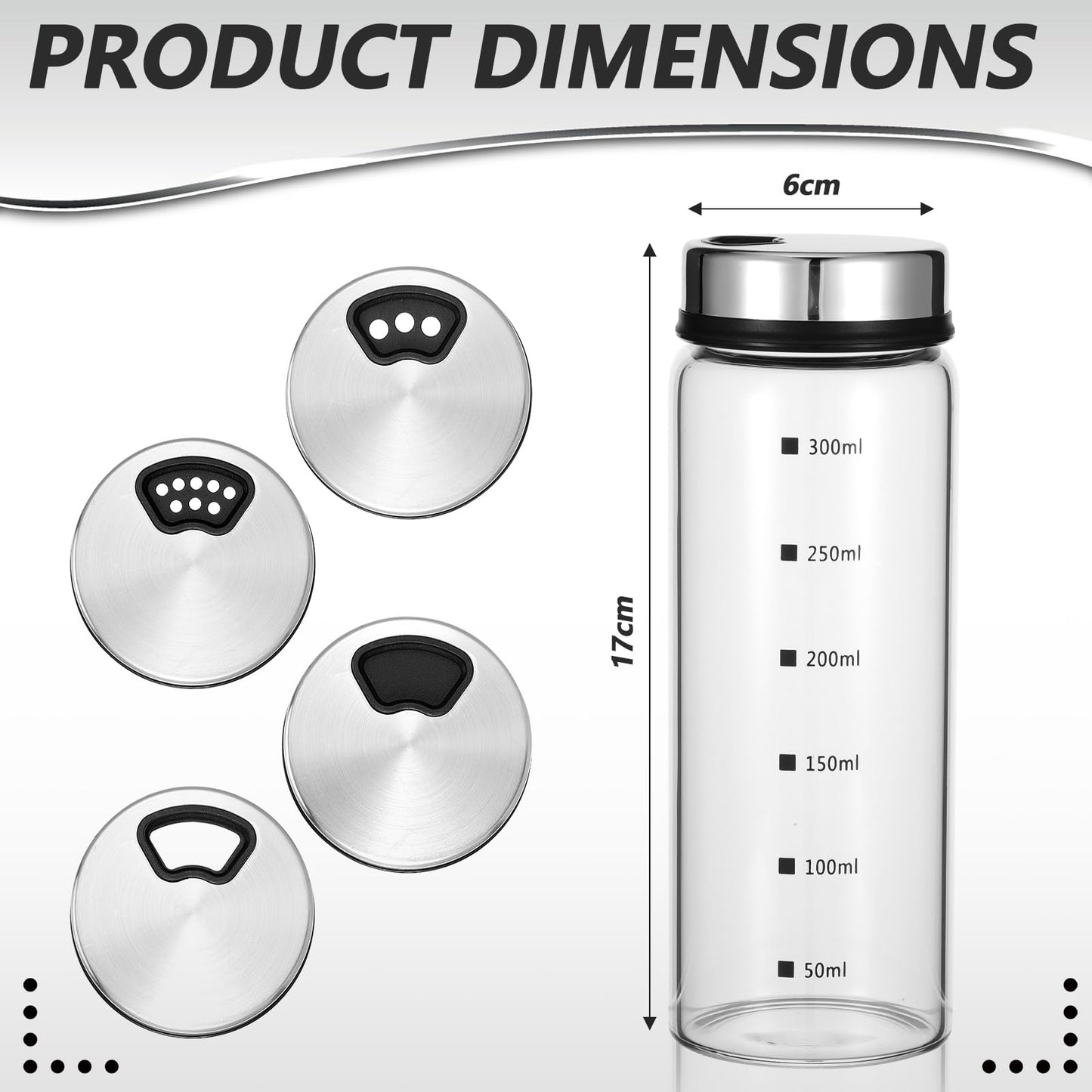 Wanmu 4Pcs Salt Pepper Shakers with Adjustable Outlet Holes, 10 oz Clear Glass Shaker Bottles, Salt Shakers for Kitchen, Spice Seasoning Cans for Kitchen Decor Home Restaurant BBQ Camping