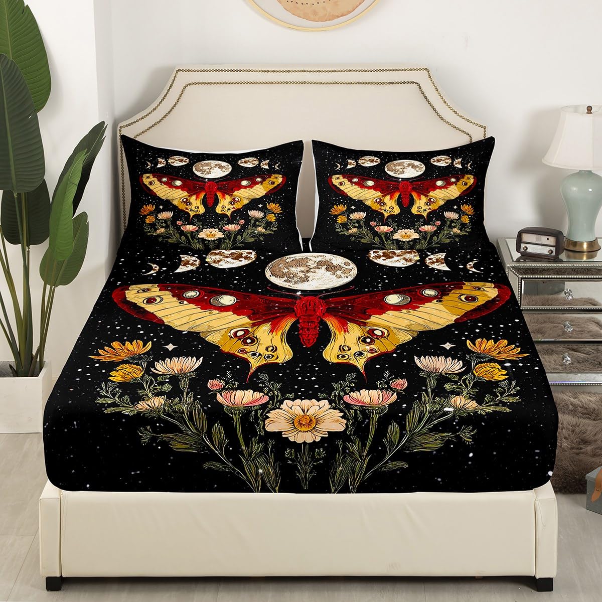 Feelyou Boho Moth Sheet Set Queen Size Kids Sun Moon Sheets with Deep Pocket Fitted Sheet for Boys Teens Gothic Bed Sheets Set Breathable Death Moth Bedding Set Botanical Floral Printed Bed Set