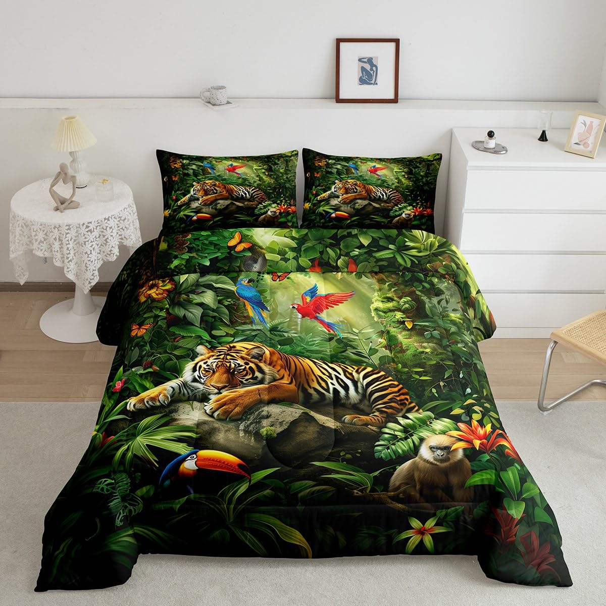 3D Tiger Comforter Set Full Size,Monkey Parrot Wild Animals Bedding Set,Tropical Palm Tree Jungle Quilt Set for Kids Boys Girls Adult Bedroom Decor,Nature Wildlife Theme Duvet Insert,2 Pillowcases