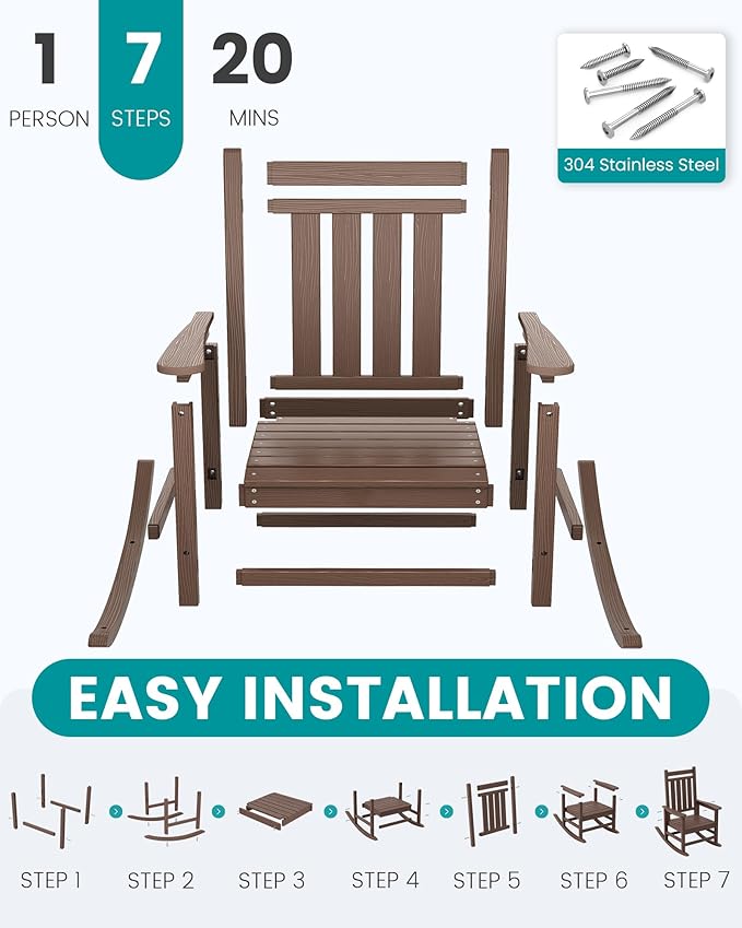 SERWALL Oversized Outdoor Rocking Chair Set of 4, HDPE Rocker for Adults, Patio Rocking Chairs for Porch, Brown