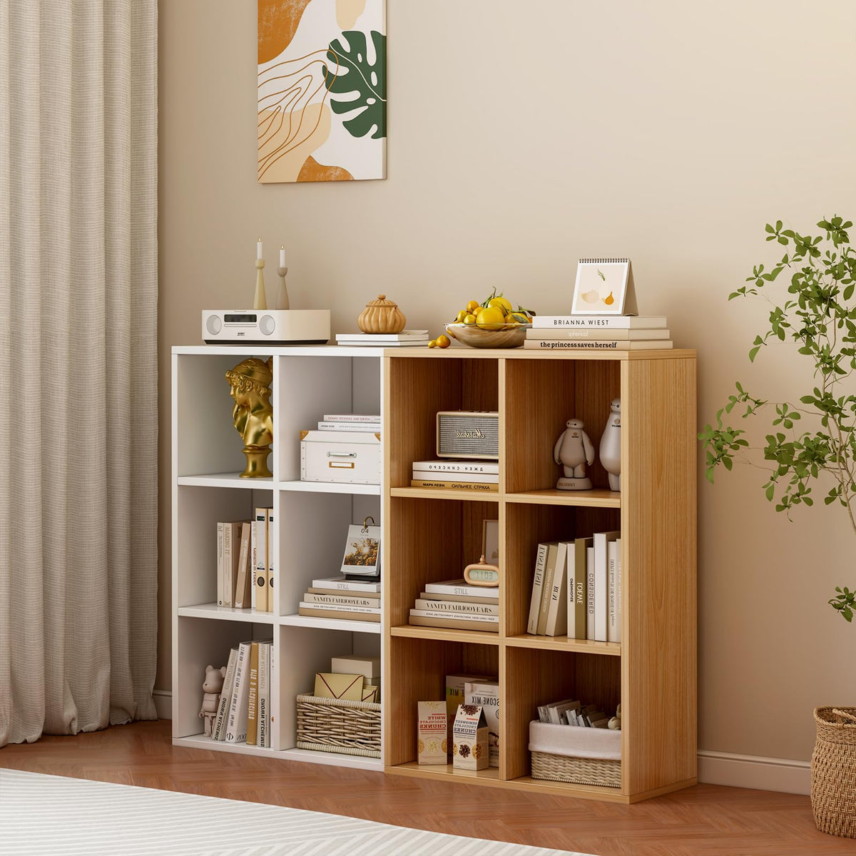 OSCHF 6-Cube Storage Shelf Bookcase - Wooden 3-Tier Floor Standing Open Bookshelf for Home and Office, Display Cabinet, Oak