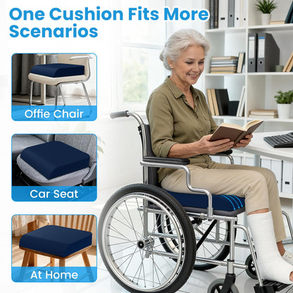 ComfyInLove Wheelchair Seat Cushion - Cooling Gel & Memory Foam Office Chair Cushion with Non-Slip Bottom & Washable Cover, Ergonomic Car Seat Pillow for Sciatica, Tailbone, Back Comfort (Navy Blue)