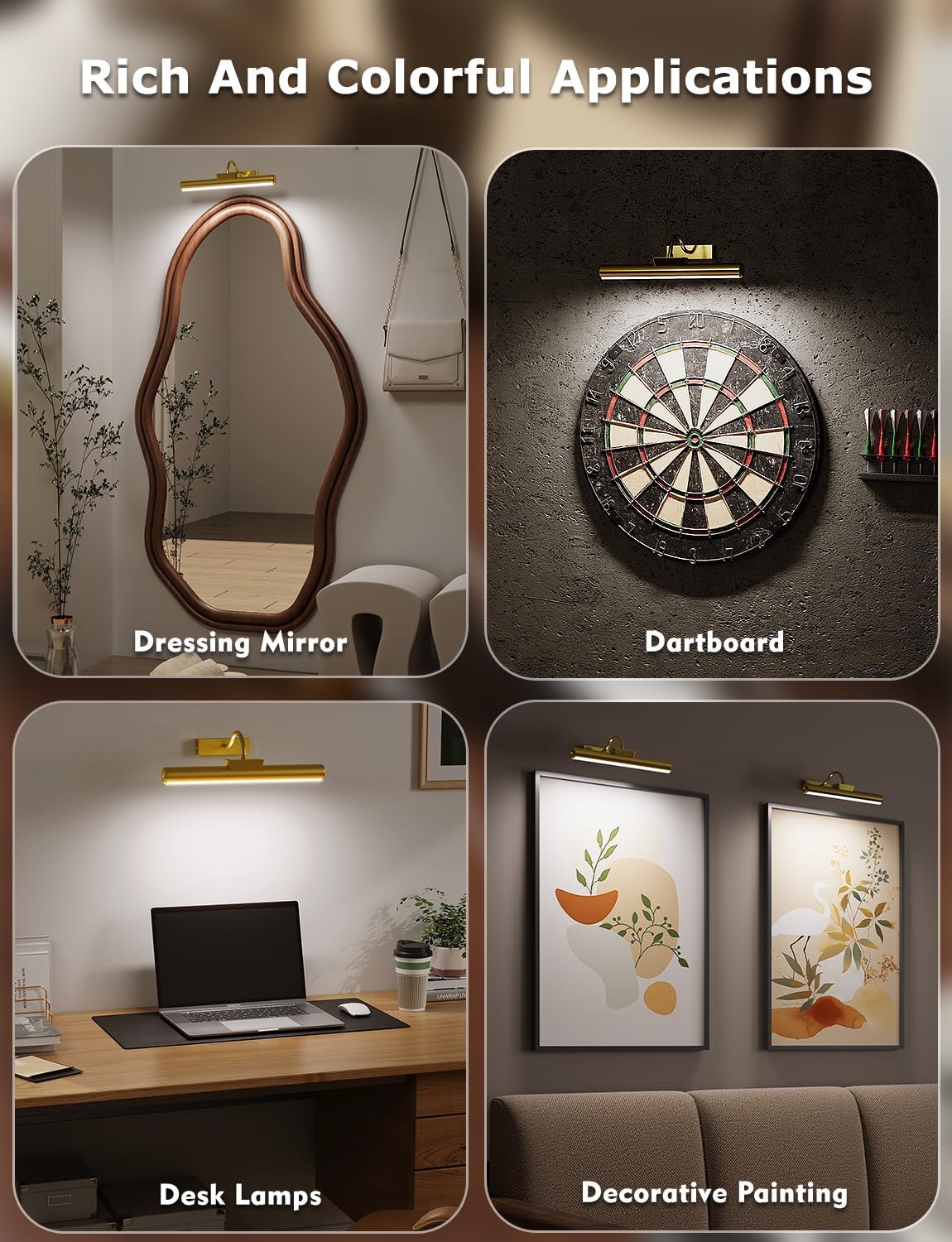 13" Aluminum Wireless Picture Lights for Wall, 5000mAh Rechargeable Battery Operated Wall Art Lighting, Dimmable 3-Color Gallery Painting Light for Pictures On Wall, with Remote/Timer [Gold, 2Pack]