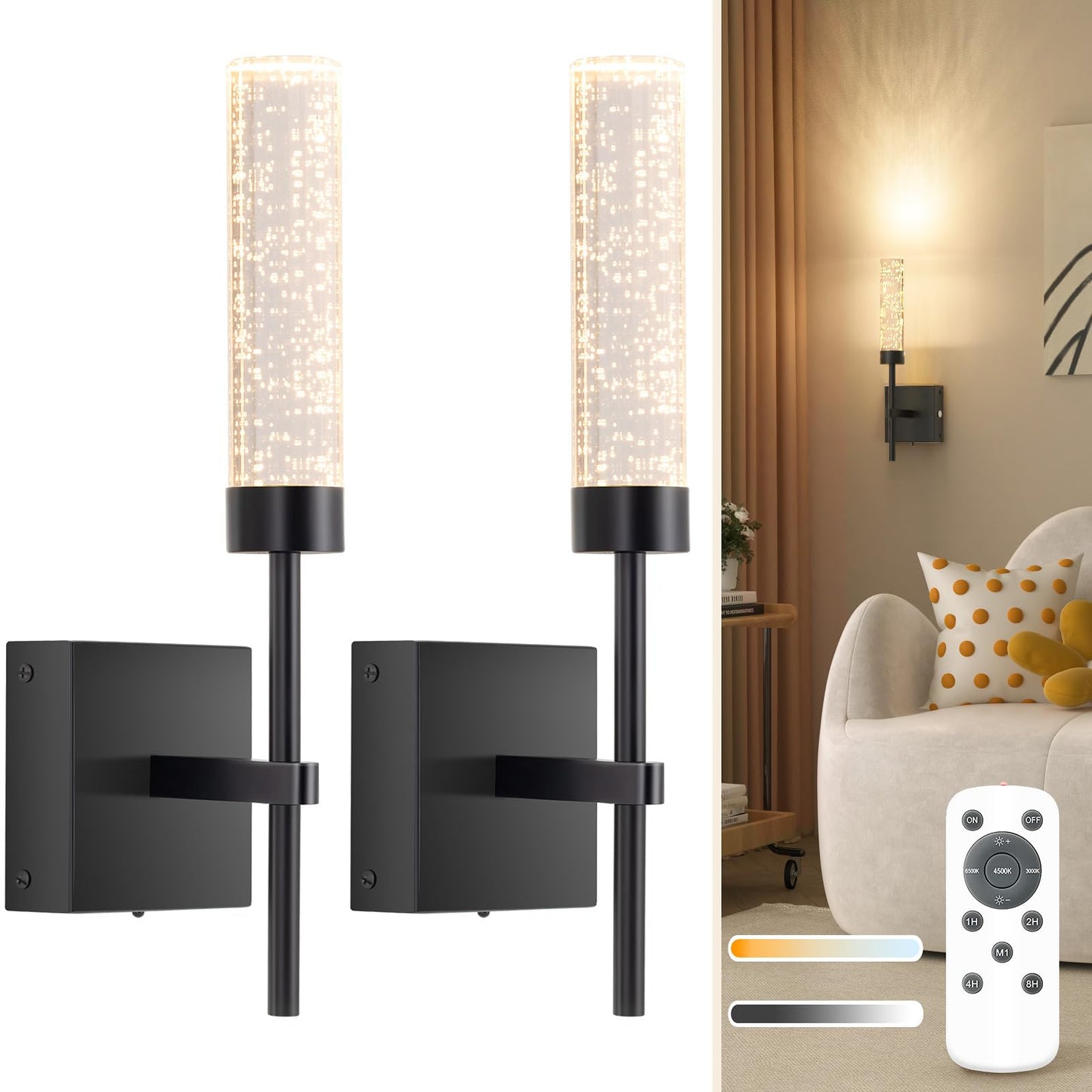 NIORSUN Crystal-Inspired Bubble Wireless Wall Sconces, 10000mAh Battery Operated Wall Sconces Set of 2, 3 Color Temps Rechargeable Wall Lights with Remote, Dimmable Wall Lamp for Living Room Bedroom