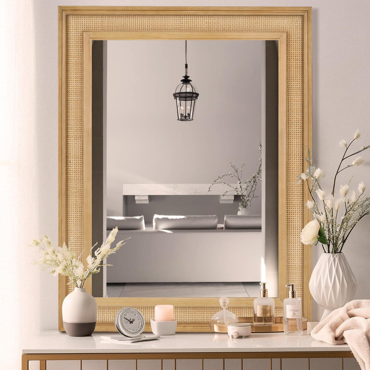 WallBeyond Rattan Wall Mirror Rectangle, 32 X 44 inch Rattan Mirror with Wooden Framed for Wall Decor Bathroom, Living Room, Entryway, Farmhouse, Bedroom