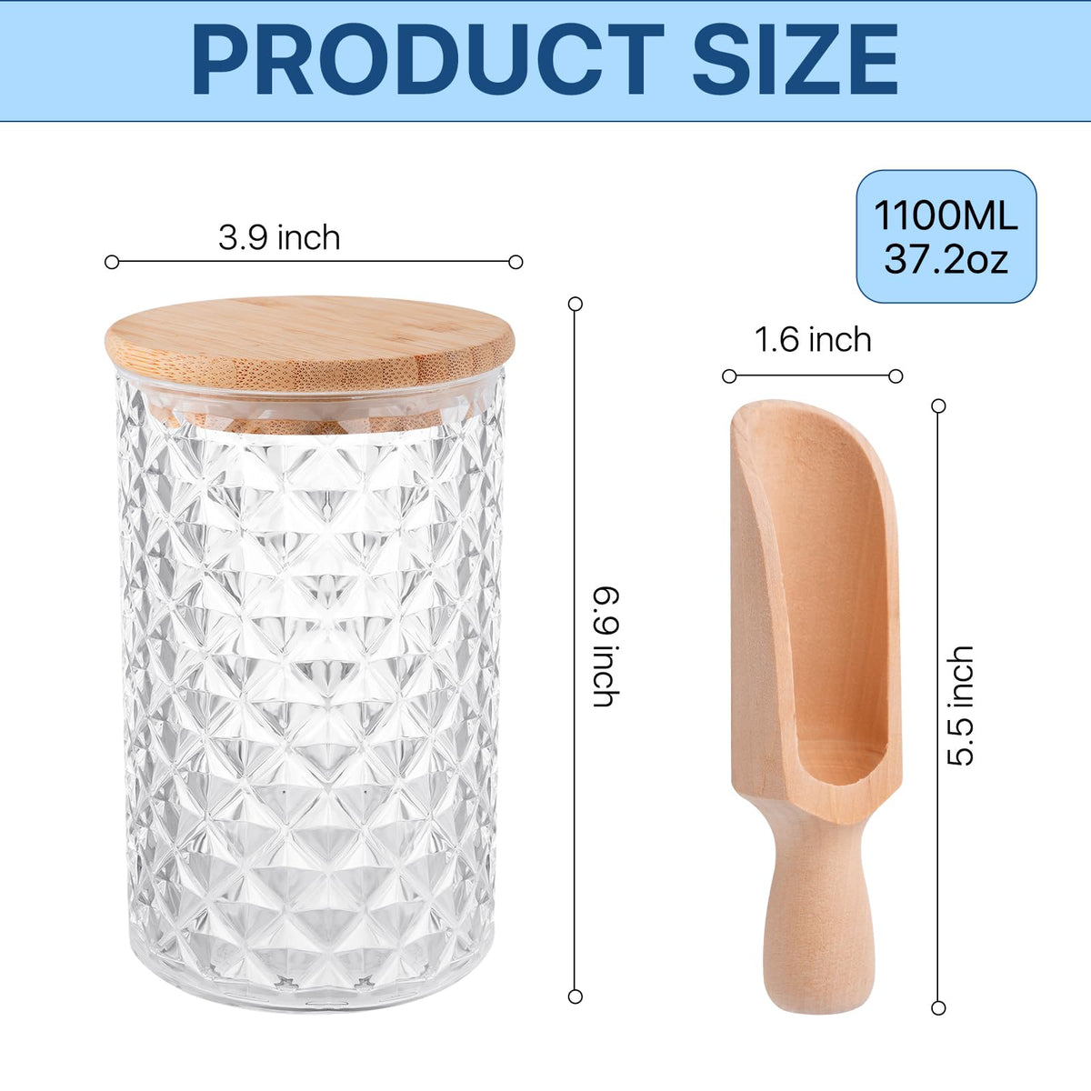 Supkiir 1100ML/37OZ Acrylic Bath Salt Jar, Bath Salt Container with Wooden Lids and Scoop, Airtight Diamond Candy Jar for Bathroom Kitchen Storage Salt Candy Tea Decor