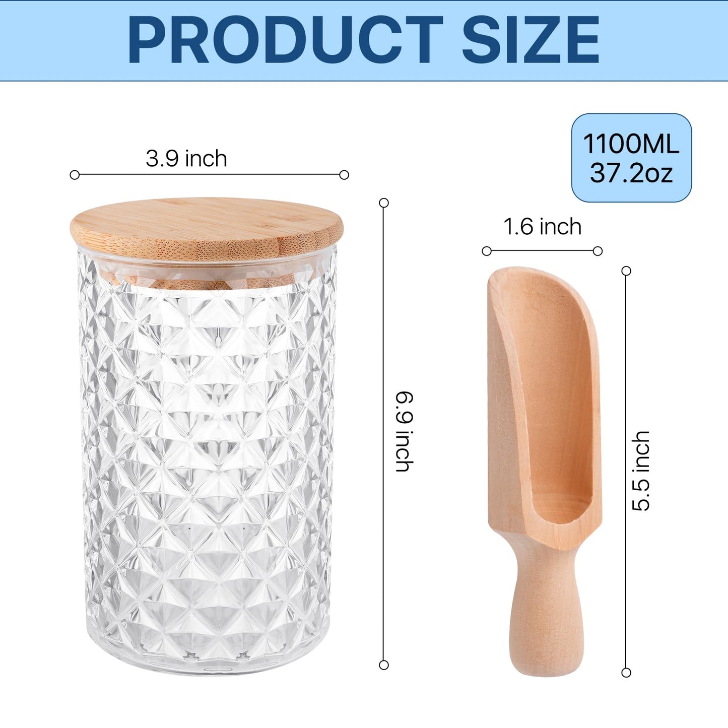 Supkiir 1100ML/37OZ Acrylic Bath Salt Jar, Bath Salt Container with Wooden Lids and Scoop, Airtight Diamond Candy Jar for Bathroom Kitchen Storage Salt Candy Tea Decor