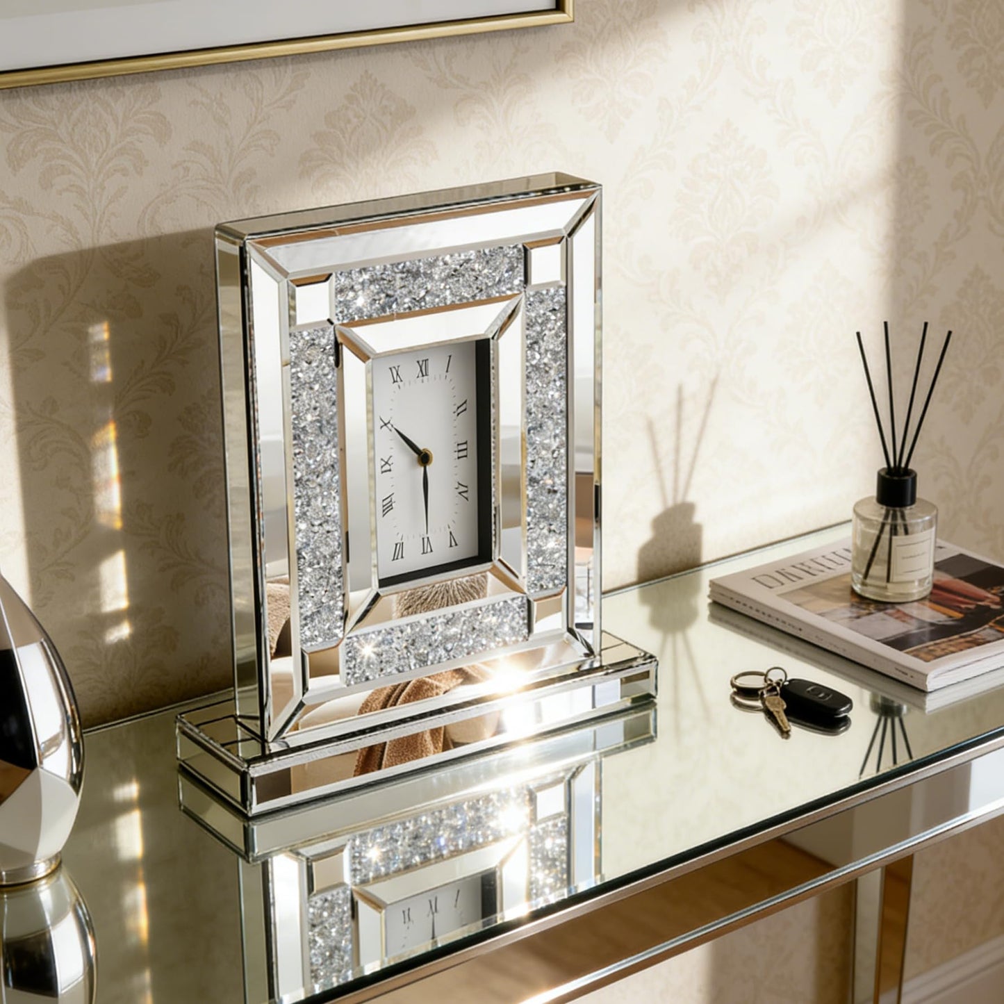SHYFOY Mirrored Desk Clock with Crushed Diamond Inlay, 13" Decorative Table Clock, Silver Beveled Glass Mantel Clock, Non-Ticking Roman Numeral Tabletop Clock for Living Room Office Shelf Decor