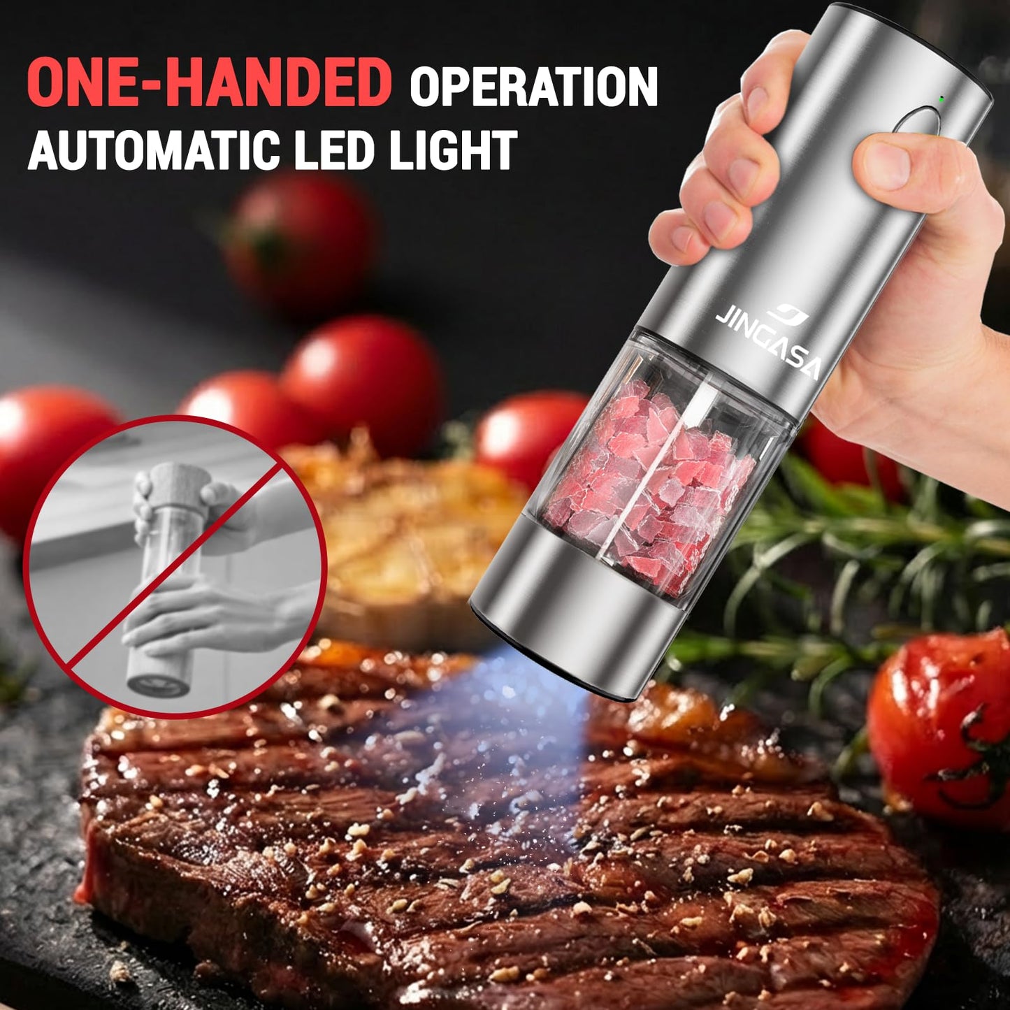 Electric Salt and Pepper Grinder Set, 95ml Large Capacity Automatic Pepper Mill with USB-C Charging Base & LED Light, Adjustable Coarseness Stainless Steel Spice Grinder 2-Piece Set