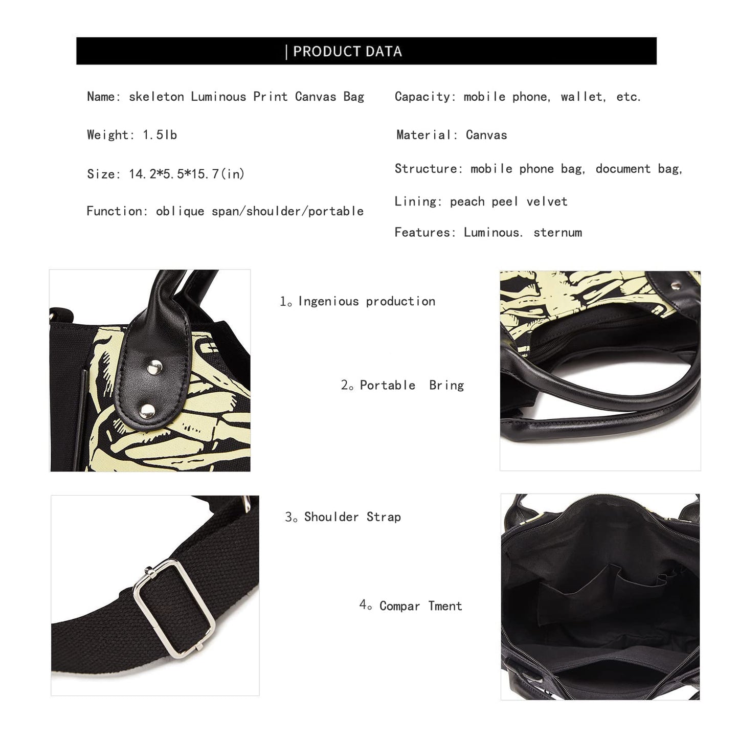 Gothic Backpack Canvas Bag Luminous Fashion Skull Crossbody Printed Bag Zipper Luminous Striped Shoulder Bag (Sternum Bag)