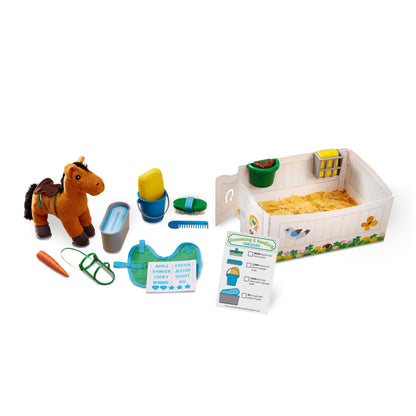 Melissa & Doug Feed & Groom Horse Care Play Set with Plush Stuffed Animal (23 pcs) Pretend Play Horse Plush Toys for Girls and Boys Toddlers Ages 1+