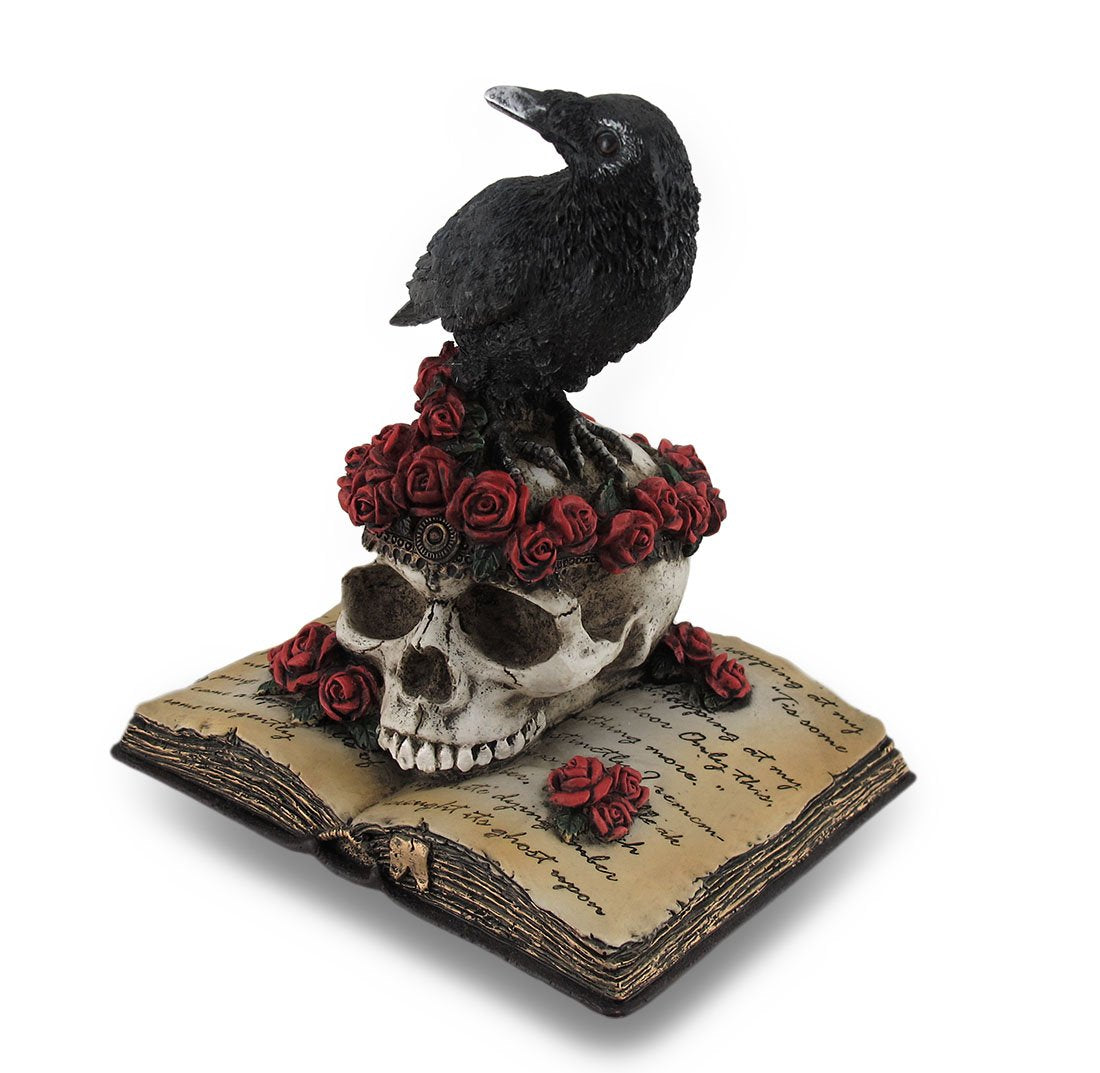 Zeckos Mystical Raven on a Rose-Covered Skull Hand Painted Resin Statue -,Perched Upon 'The Raven' Poetry Book - an Artistic Fusion of Macabre and Literary Allure