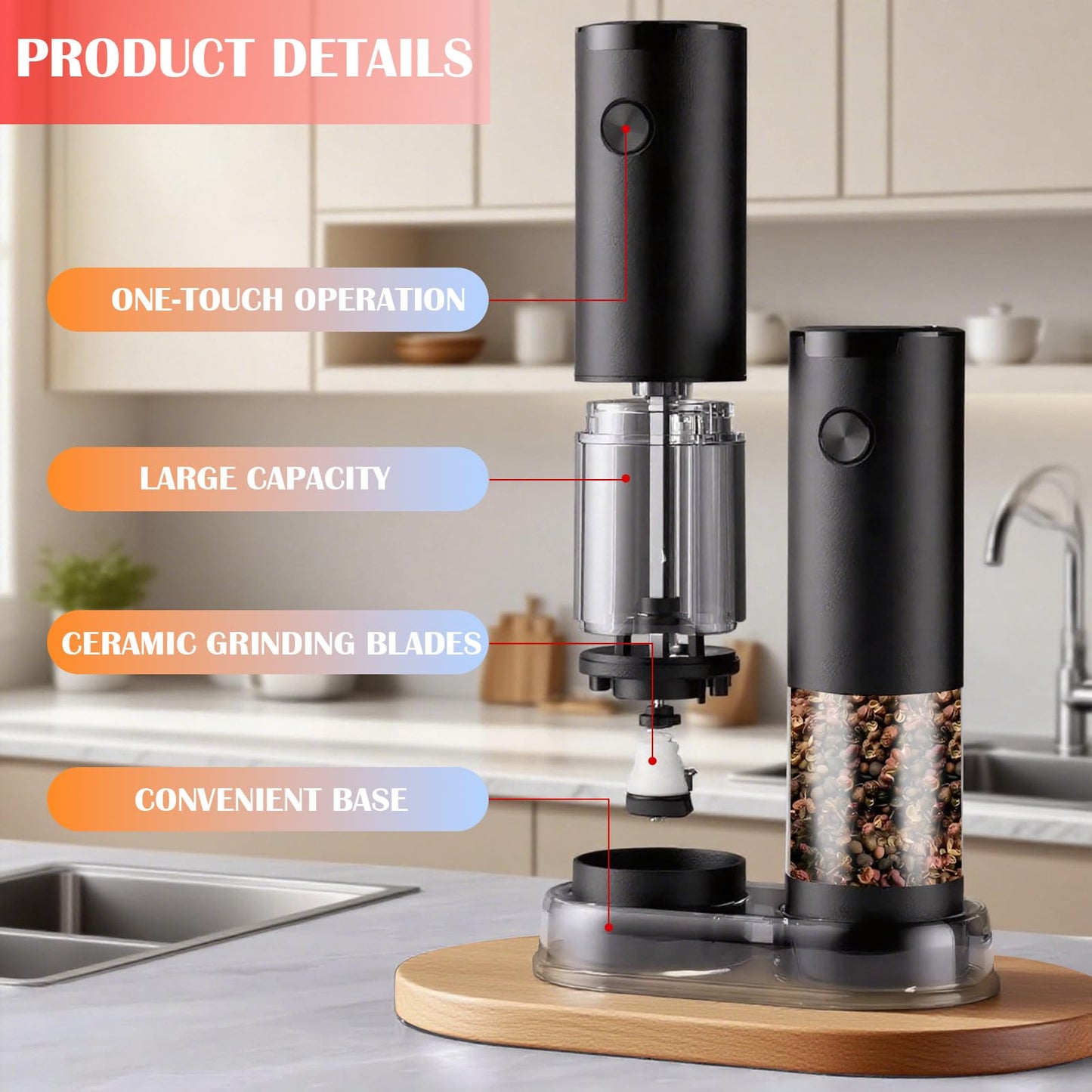 Electric Salt and Pepper Grinder Set - Automatic One-Handed Battery Operated Mill for Steak, BBQ & Meal Prep - Adjustable Coarseness Ceramic Grinder with LED Light & Brush - Essential Kitchen Gift
