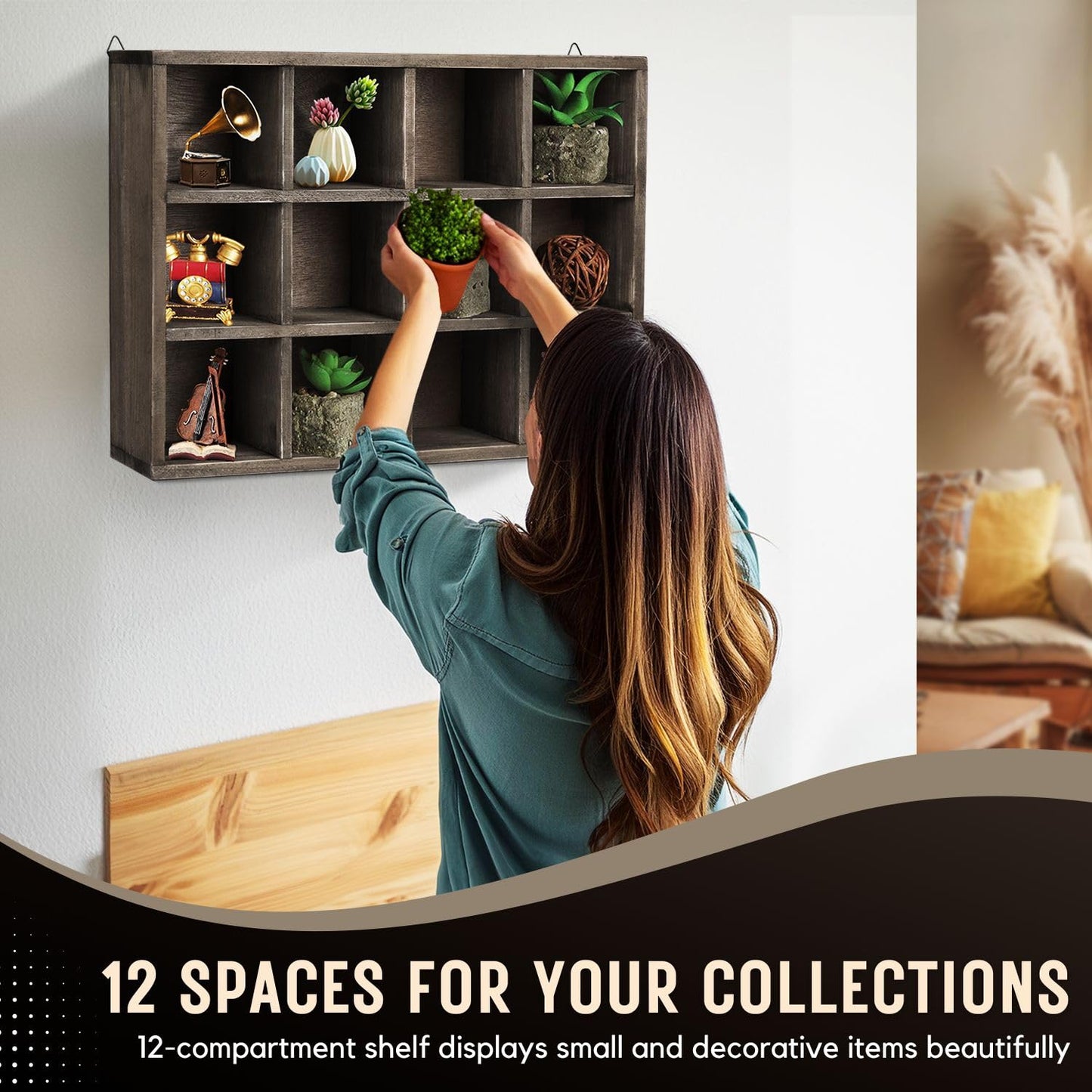 Flexzion Trinket Shelf Shadow Box with Shelves - 12-Compartment Rustic Wood Cubby Wall Shelf for Collectibles, Knick Knacks, Shot Glass Display, Wall Mounted or Freestanding with D-Ring Mounting Tabs