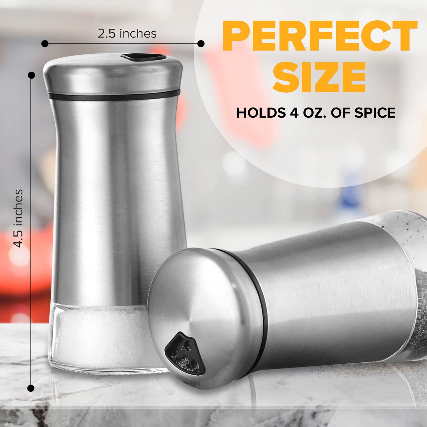 Salt and Pepper Shaker Set, Stainless Steel & Glass Spice Shakers, Adjustable Pour Holes, Refillable Salt & Pepper Dispensers for Kitchen & Dining Table Set of 2 Bottles