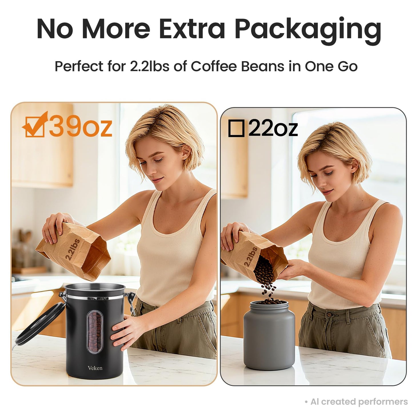 Veken Large Coffee Canister with Window, Kitchen Food Storage Airtight Stainless Steel Container for 2.2lbs Coffee Beans, Grounds, Rice,Tea, Flour, Cereal, Sugar Jars,Date Tracker and Scoop 39oz,Black